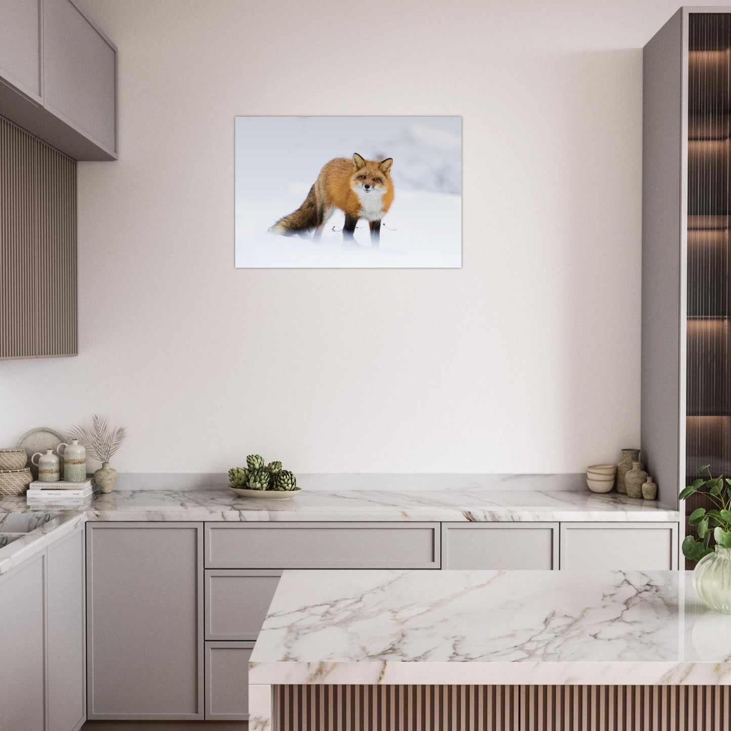 Photo d’un renard roux dans la neige — tableau photo paysage de montagne en Alu Dibond, fabrication française