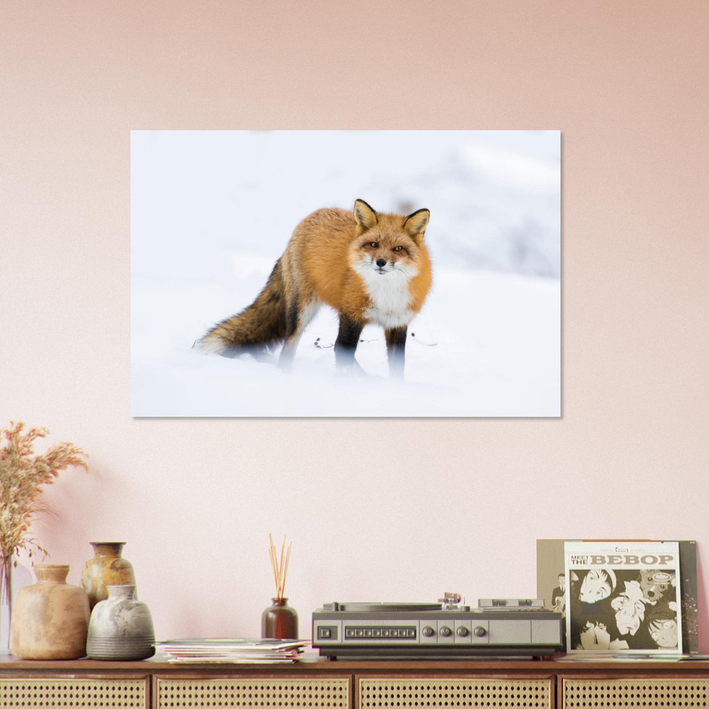 Photo d’un renard roux dans la neige — tableau photo paysage de montagne en Alu Dibond, fabrication française
