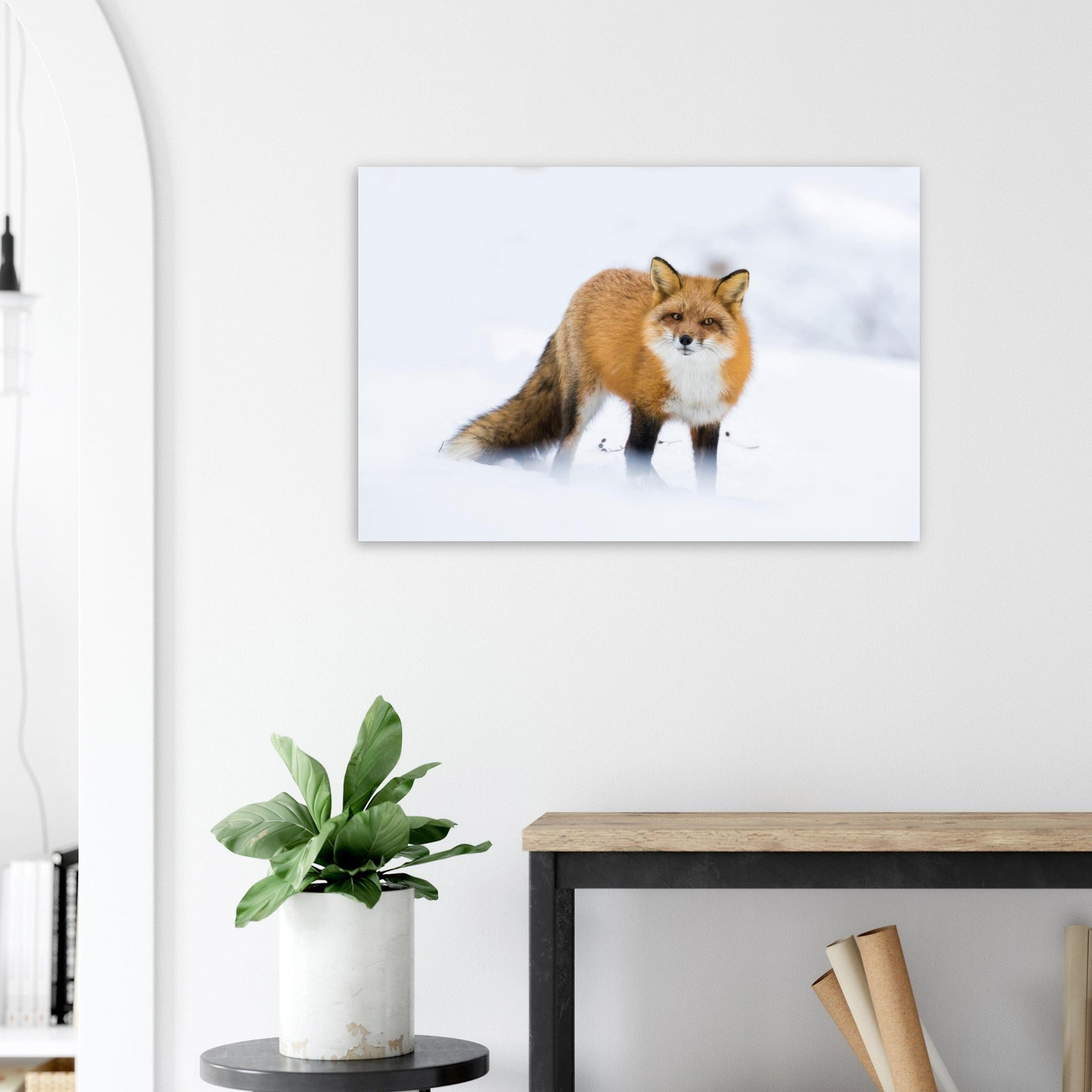 Photo d’un renard roux dans la neige — tableau photo paysage de montagne en Alu Dibond, fabrication française
