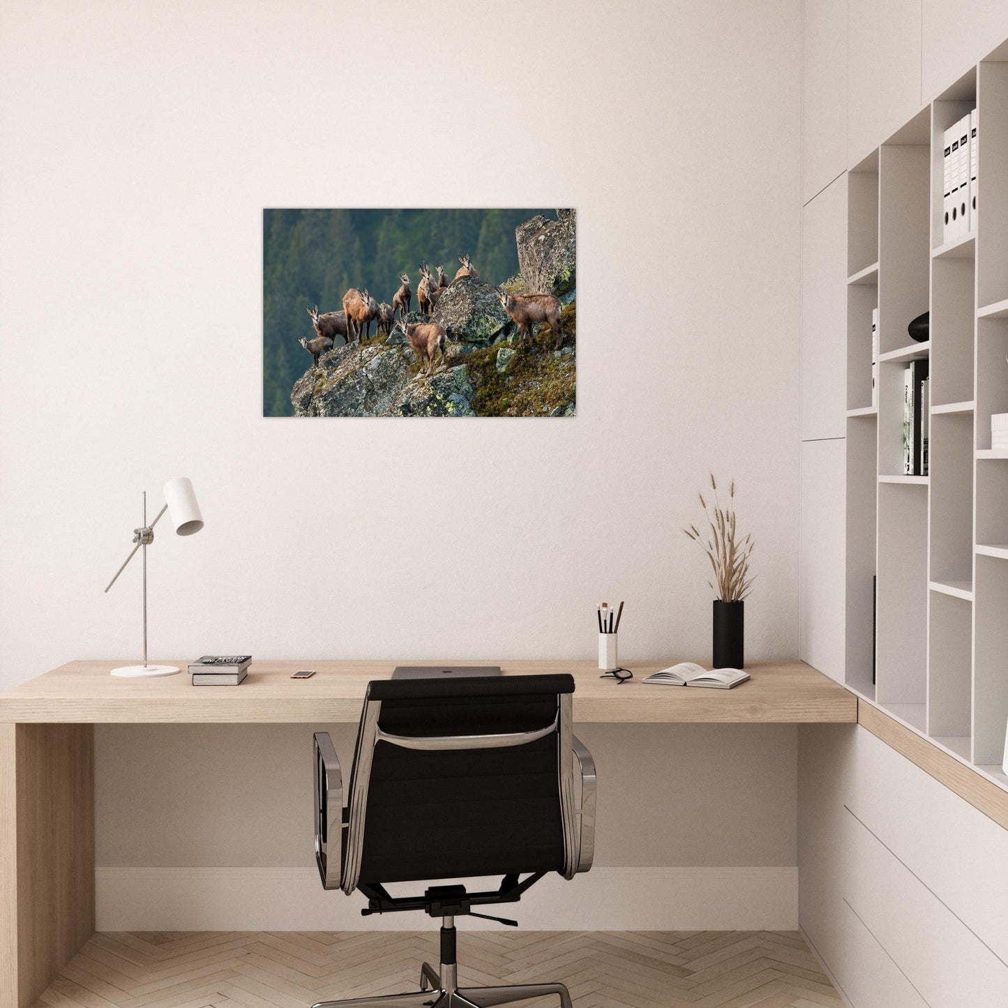 Tableau photo d'un Troupeau de chamois dans les Alpes vaudoises sur aluminium Dibond mat, exposé dans une chambre