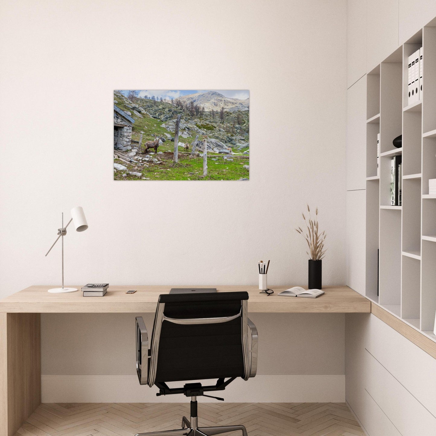 Tableau photo d’une famille de bouquetins dans la vallée de Fontanalba sur aluminium Dibond mat, exposé dans une chambre