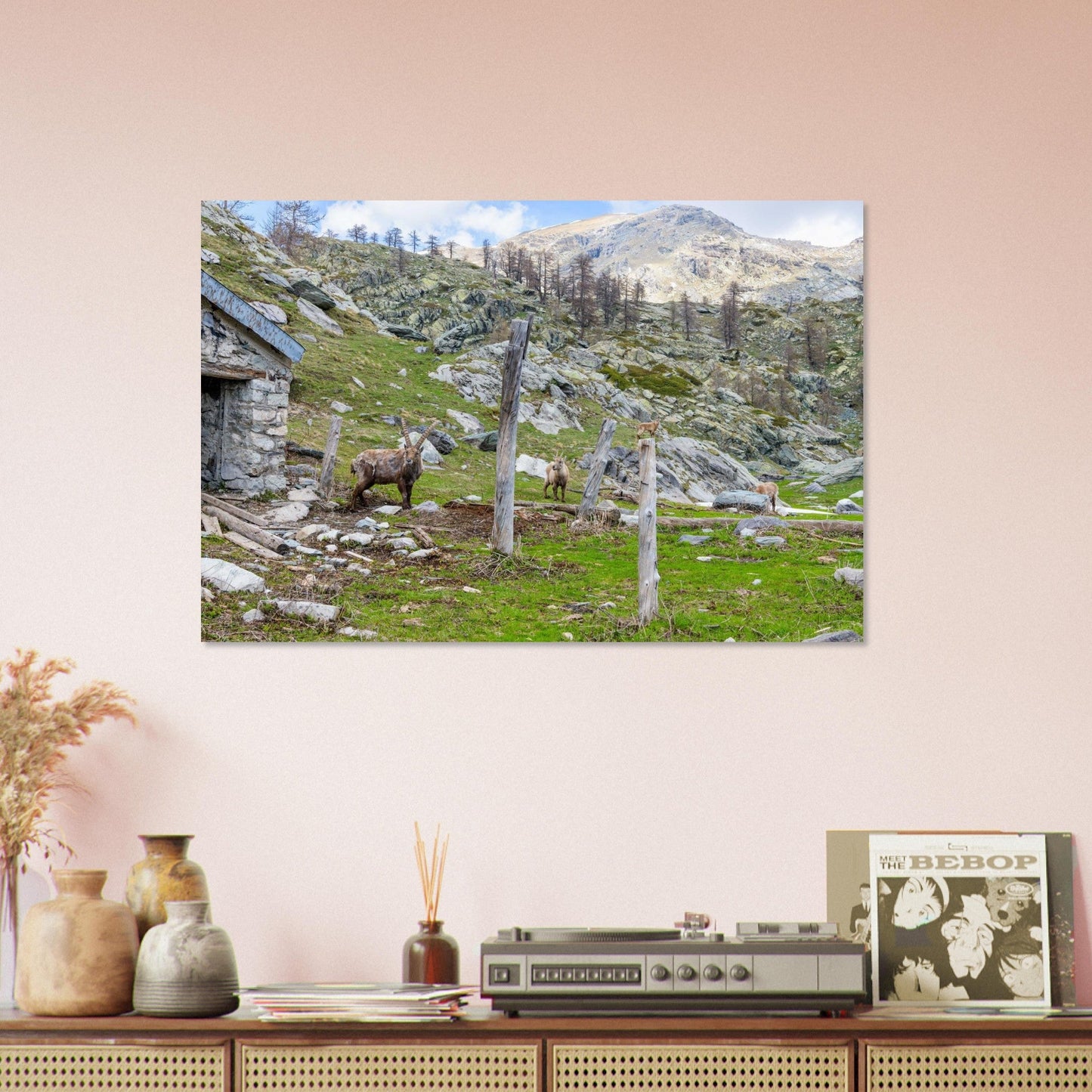 Tableau photo d’une famille de bouquetins dans la vallée de Fontanalba sur aluminium Dibond mat, mis en scène dans une cuisine moderne