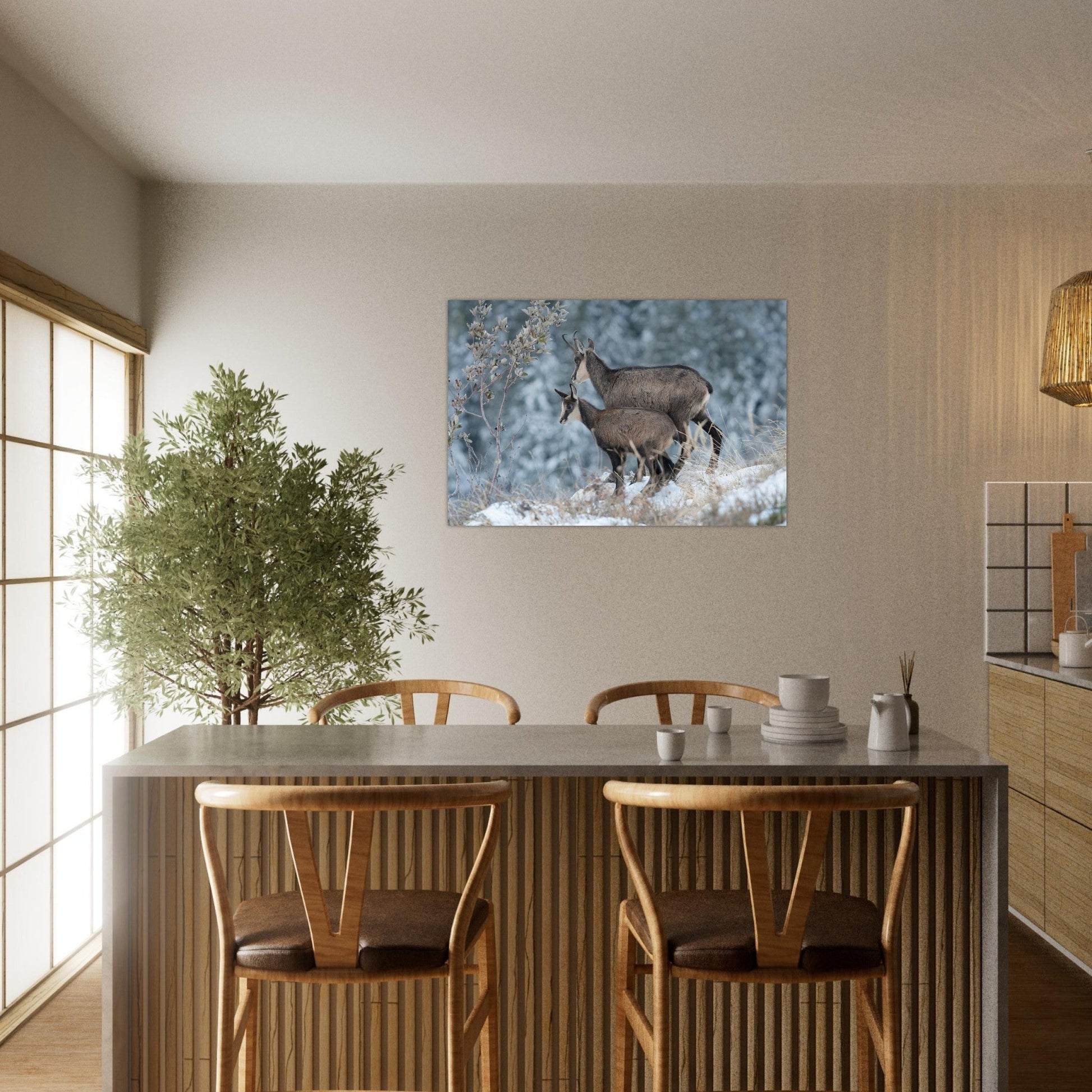 Tableau photo d’une femelle chamois et de son petit dans la neige en Chartreuse accroché sur un mur clair