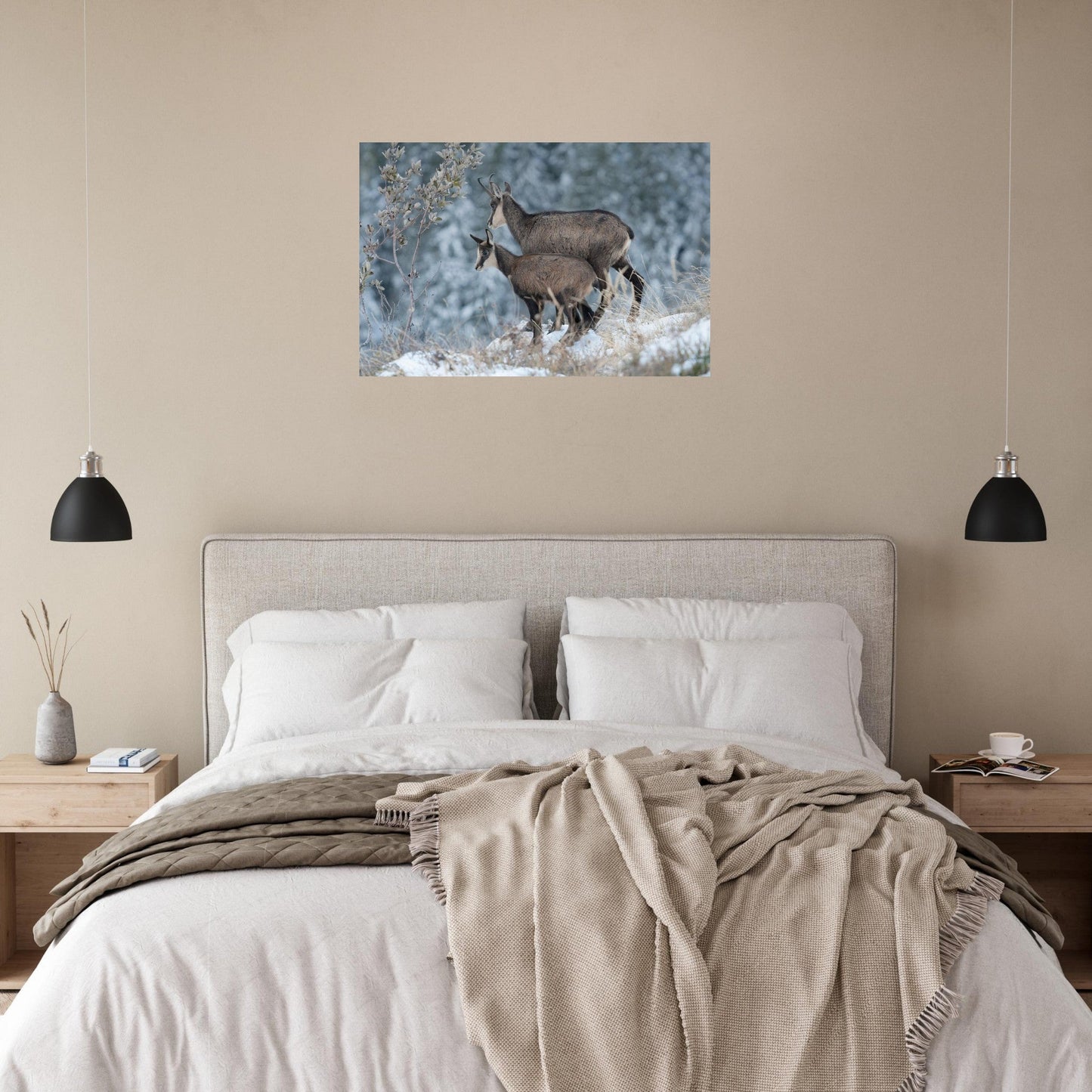 Tableau photo d’une femelle chamois et de son petit dans la neige en Chartreuse dans un espace de travail