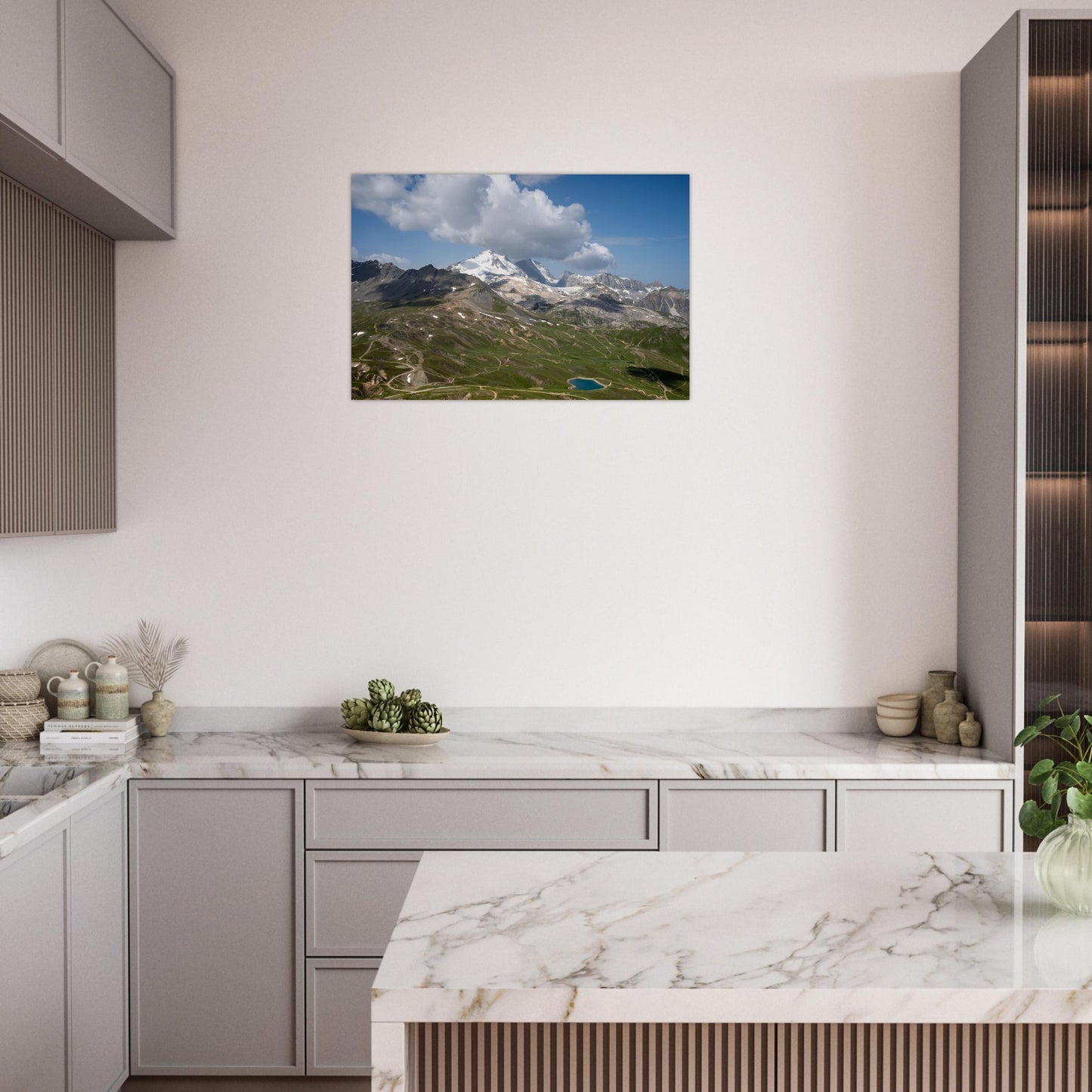 Chambre décorée avec le tableau photo du glacier de la Grande Motte depuis Bellevarde sur aluminium