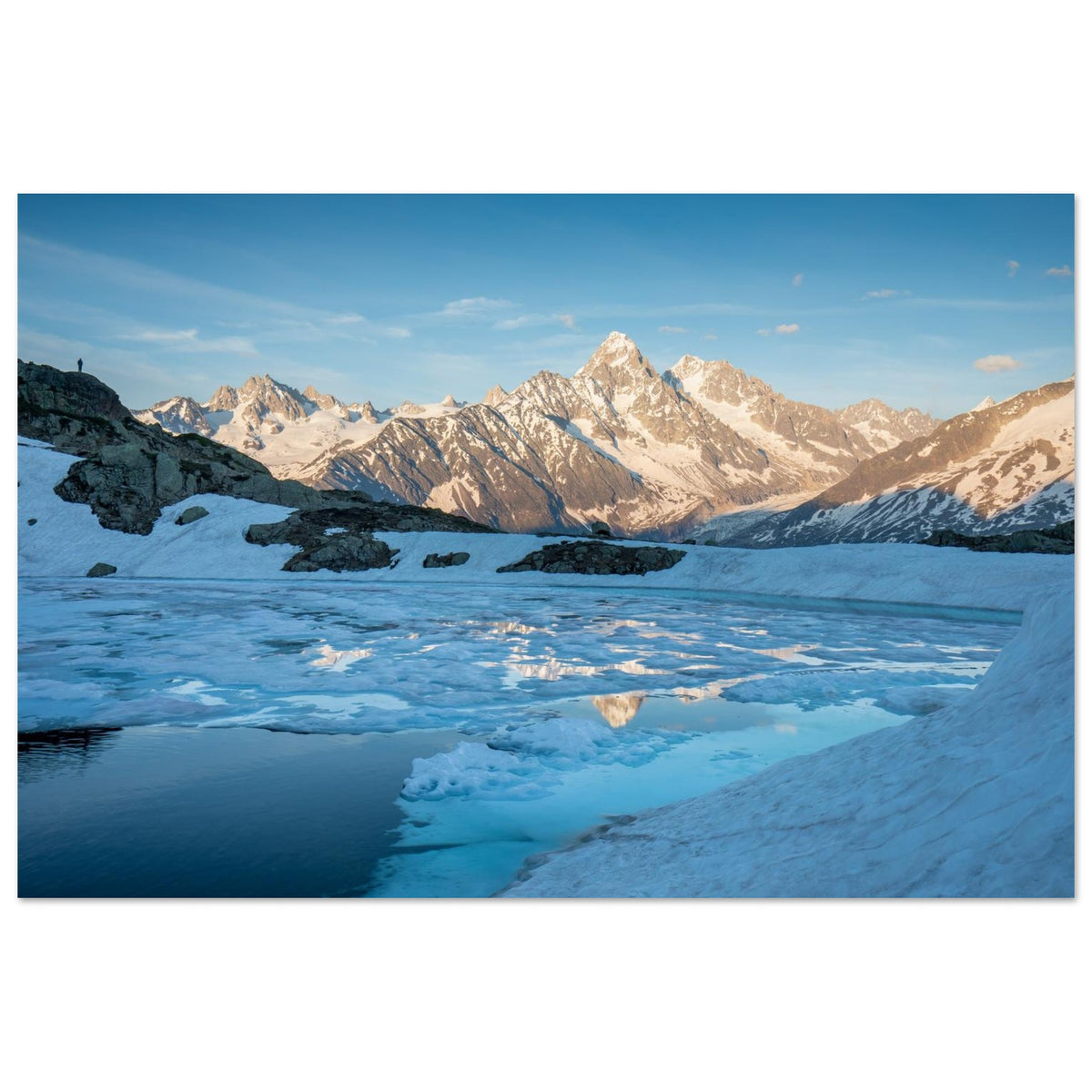 Tableau photo du Lac Blanc face au massif du Mont-Blanc dans les Aiguilles Rouges sur aluminium Dibond mat, format 60 × 90 cm