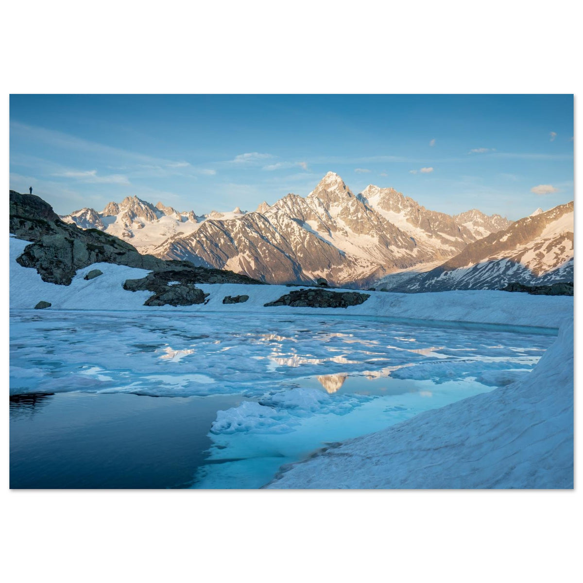 Tableau photo du Lac Blanc face au massif du Mont-Blanc dans les Aiguilles Rouges sur aluminium Dibond mat, format 70 × 100 cm