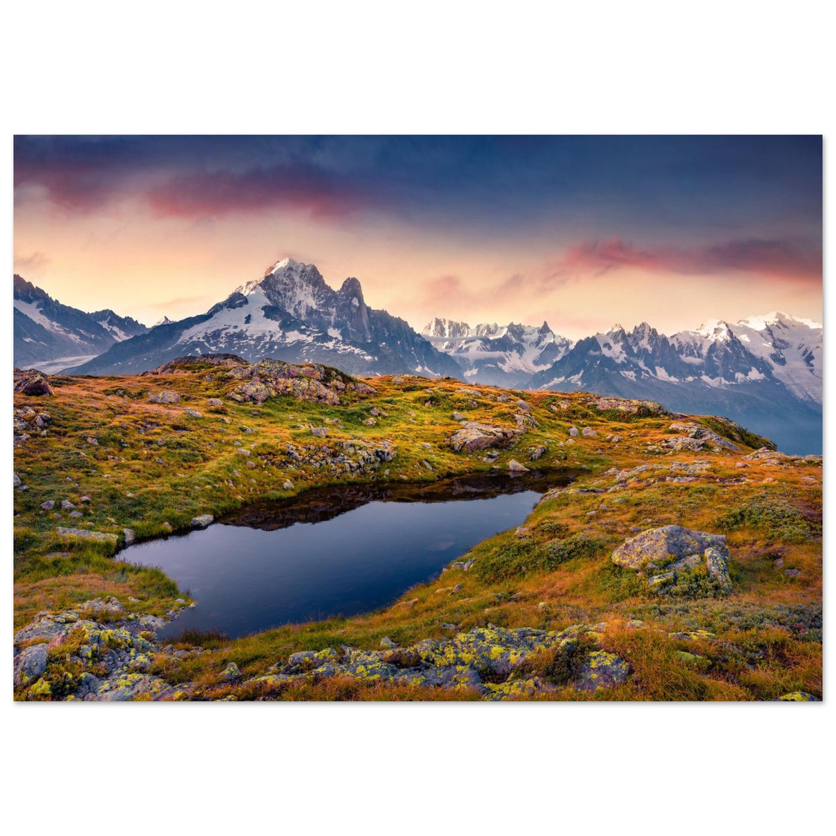 Tableau photo du Lac Blanc face au Mont-Blanc au lever du soleil sur aluminium Dibond mat, format 70 × 100 cm