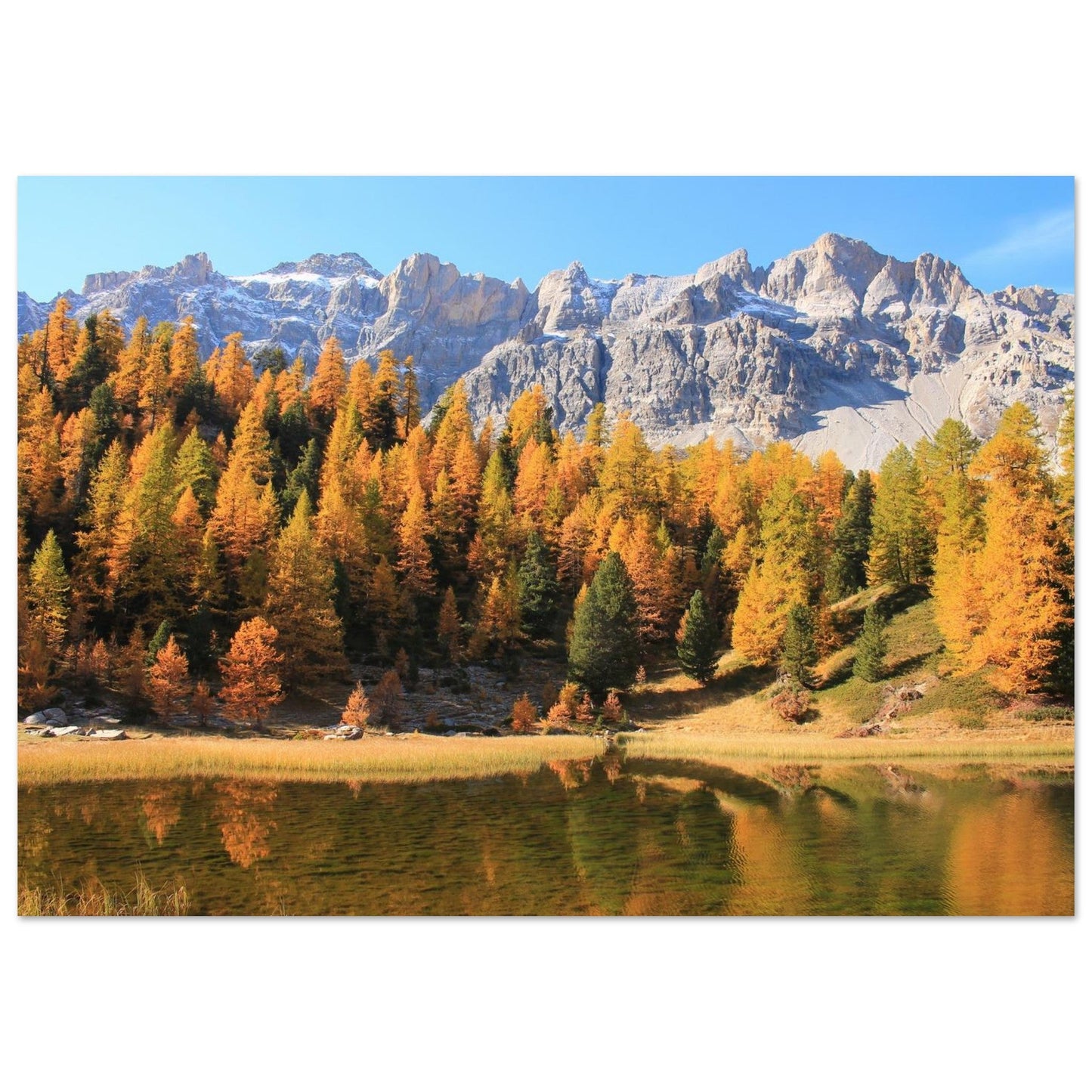 Déclinaison 40 × 60 cm du tableau photo du lac Miroir à Ceillac dans le Queyras, finition mate sur aluminium
