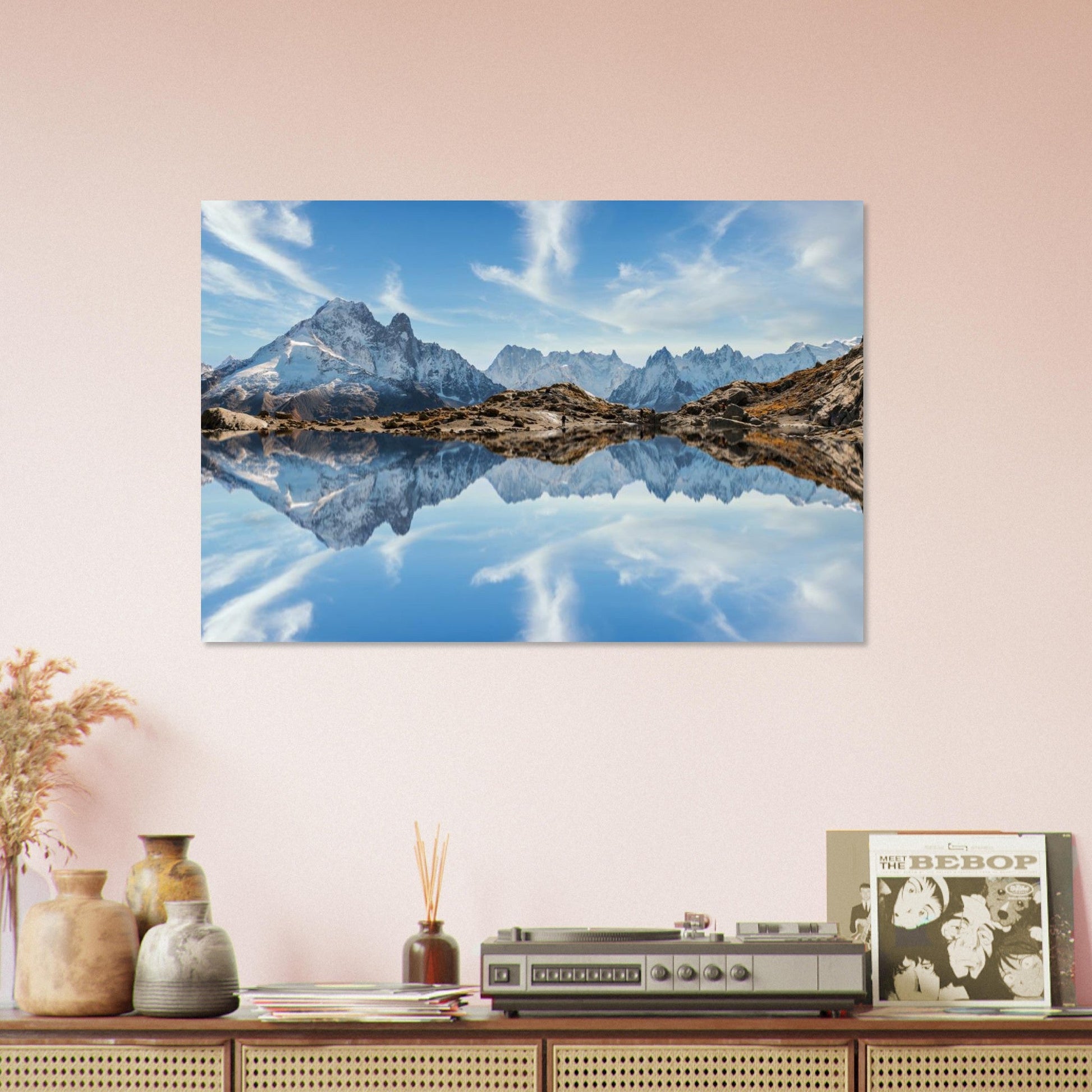 Photo reflet des aiguilles du Mont-Blanc dans le lac blanc — tableau photo paysage de montagne en Alu Dibond, fabrication française