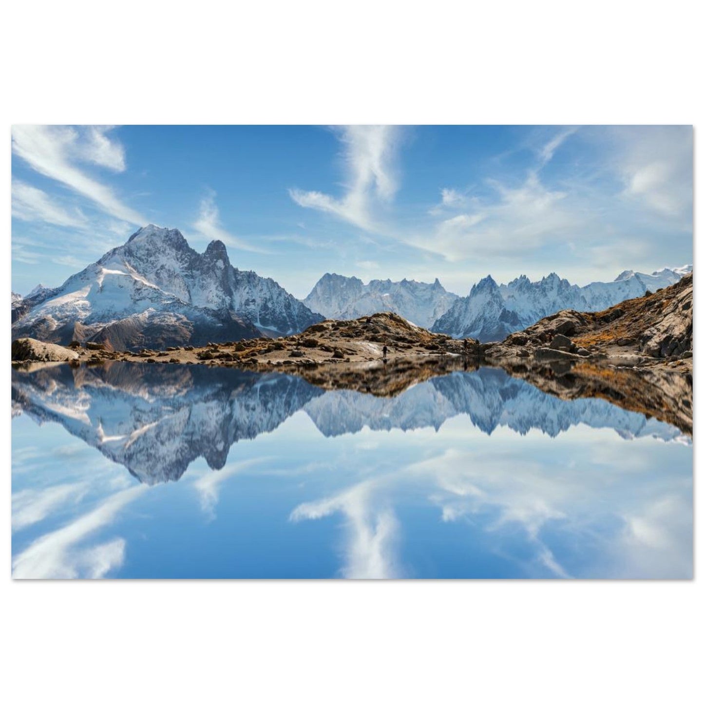 Photo reflet des aiguilles du Mont-Blanc dans le lac blanc — tableau photo paysage de montagne en Alu Dibond, fabrication française