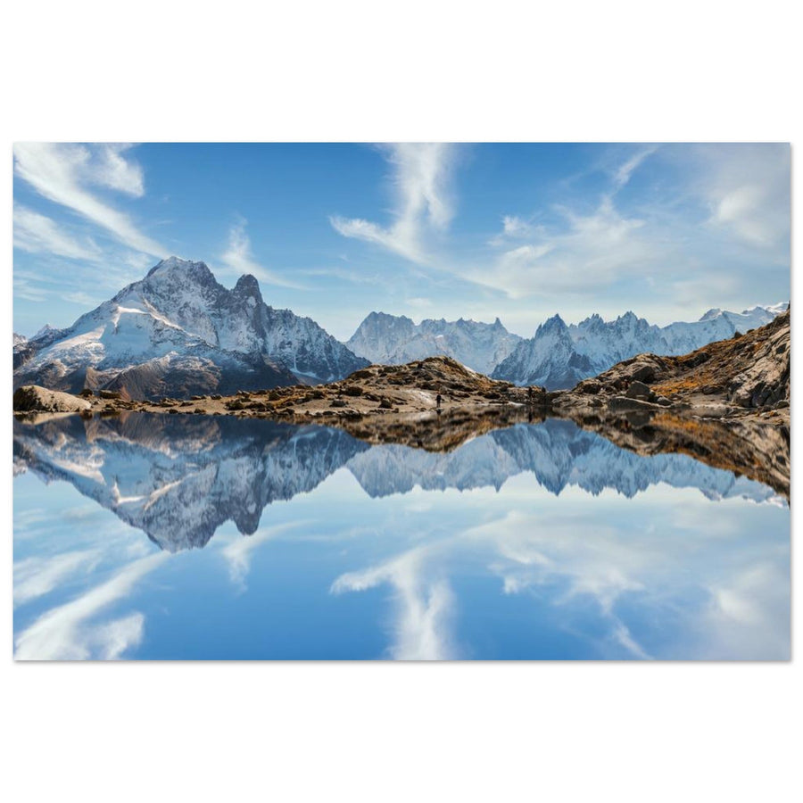 Photo reflet des aiguilles du Mont-Blanc dans le lac blanc — tableau photo paysage de montagne en Alu Dibond, fabrication française