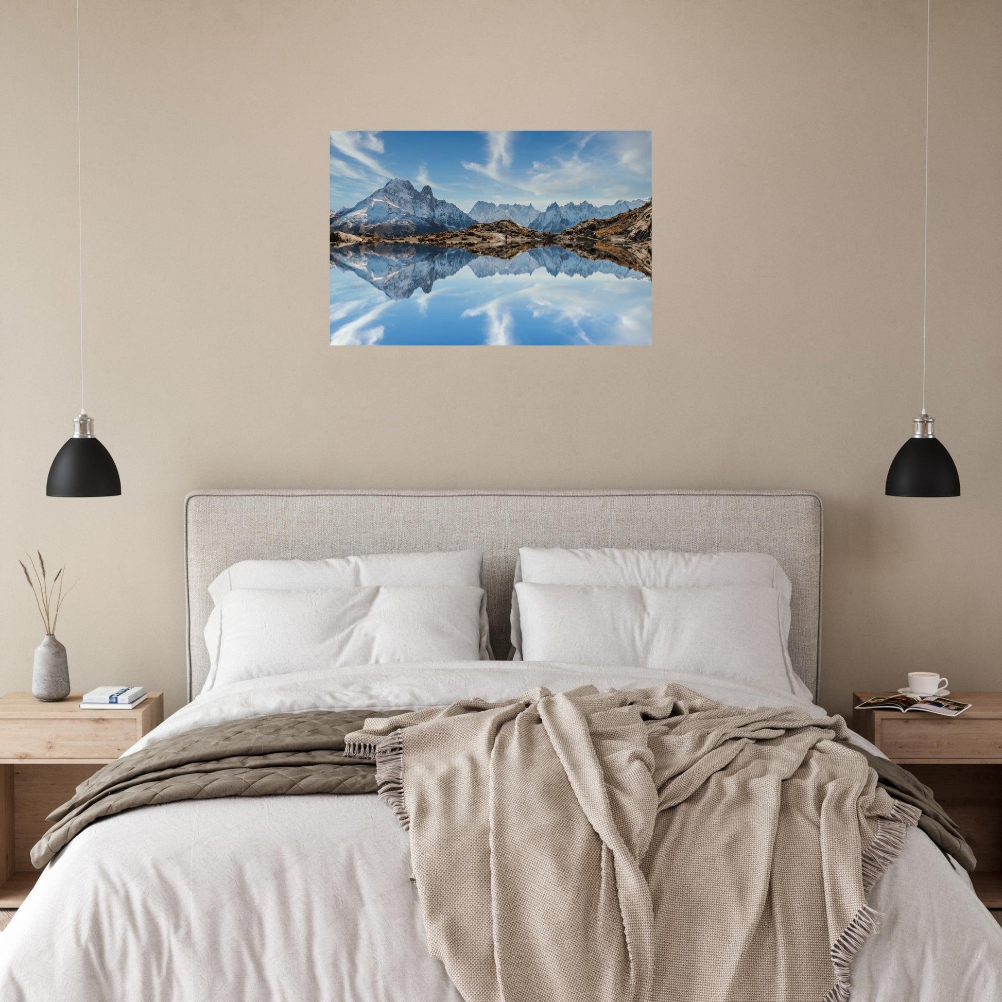 Photo reflet des aiguilles du Mont-Blanc dans le lac blanc — tableau photo paysage de montagne en Alu Dibond, fabrication française