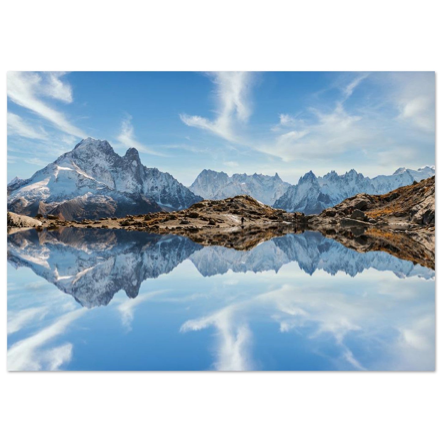 Photo reflet des aiguilles du Mont-Blanc dans le lac blanc — tableau photo paysage de montagne en Alu Dibond, fabrication française