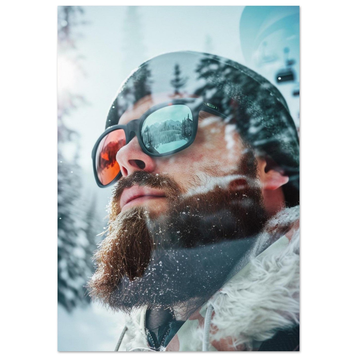 Tableau photo Photo reflet paysage neige dans lunettes de soleil — tirage aluminium Dibond mat, fabrication française, prêt à accrocher
