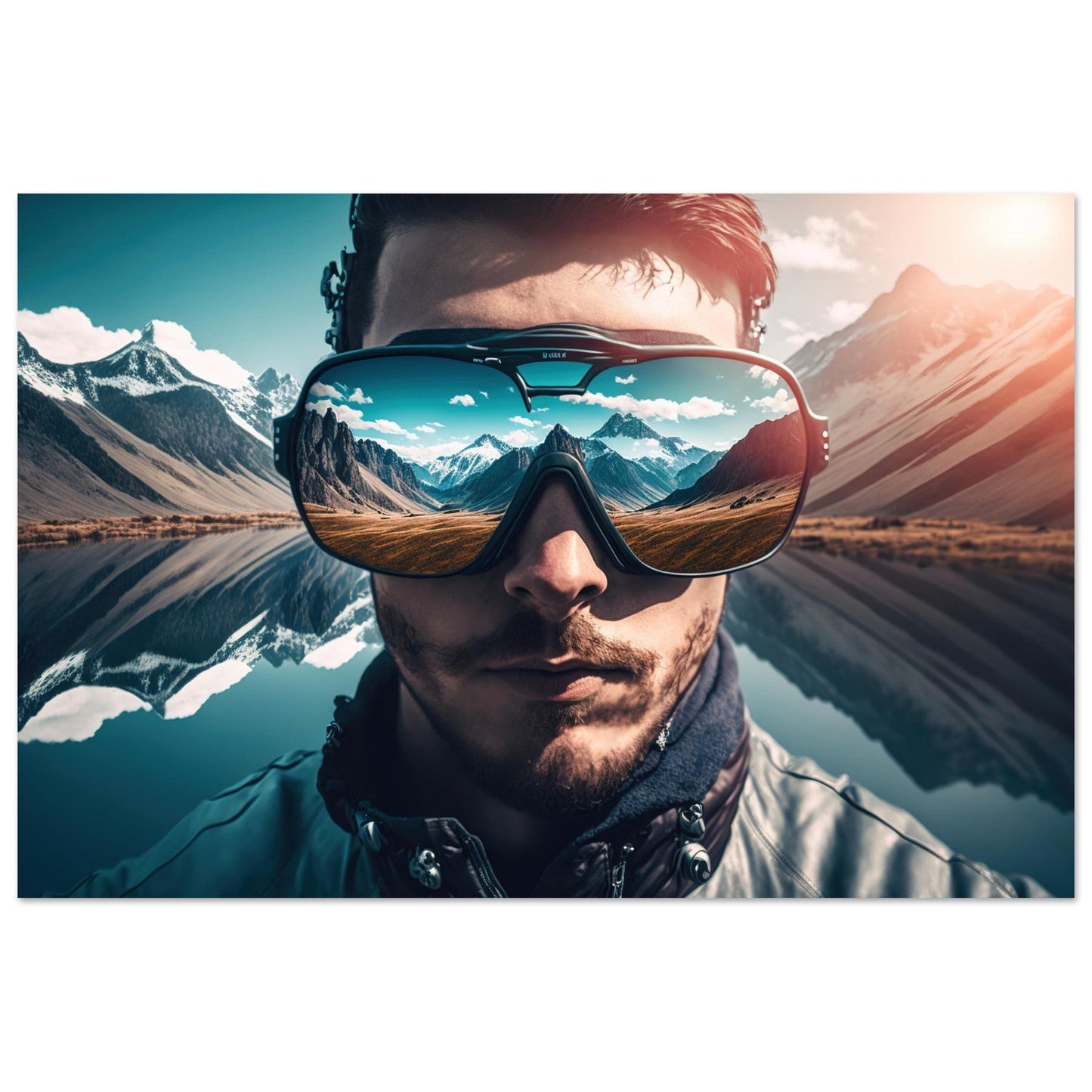 Tableau photo Photo Reflet des Alpes dans des lunettes — photo créative — tirage aluminium Dibond mat, fabrication française, prêt à accrocher