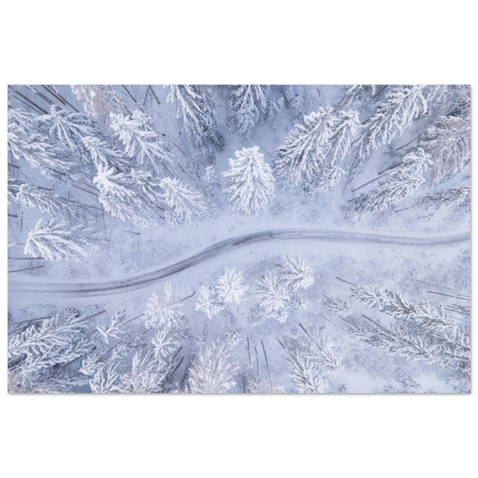 Tableau photo Photo drone de sapins & route enneigés — tirage aluminium Dibond mat, fabrication française, prêt à accrocher