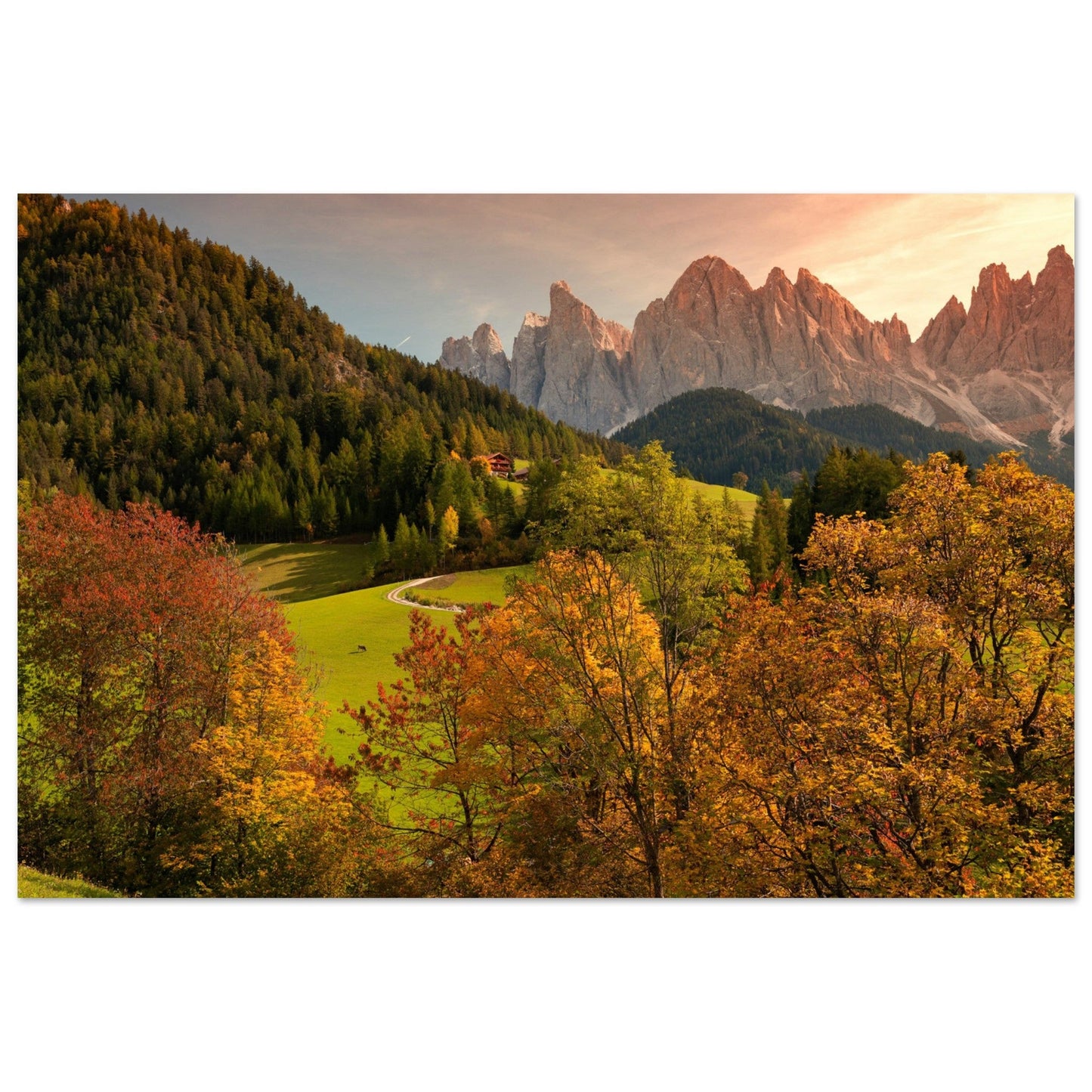 Tableau photo Photo du Val di Funes en automne (Dolomites, Italie) — tirage aluminium Dibond mat, fabrication française, prêt à accrocher