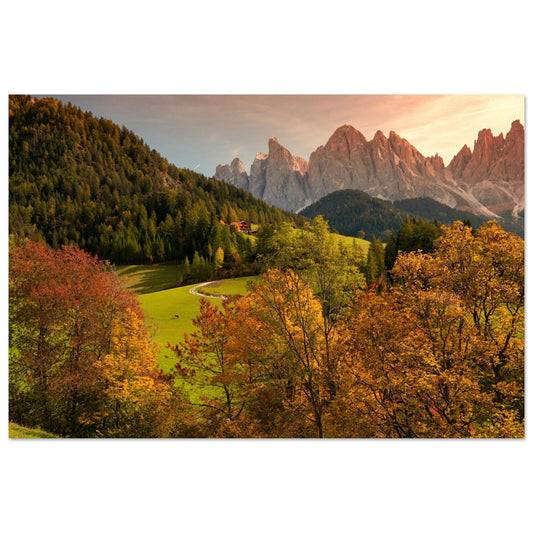 Tableau photo Photo du Val di Funes en automne (Dolomites, Italie) — tirage aluminium Dibond mat, fabrication française, prêt à accrocher