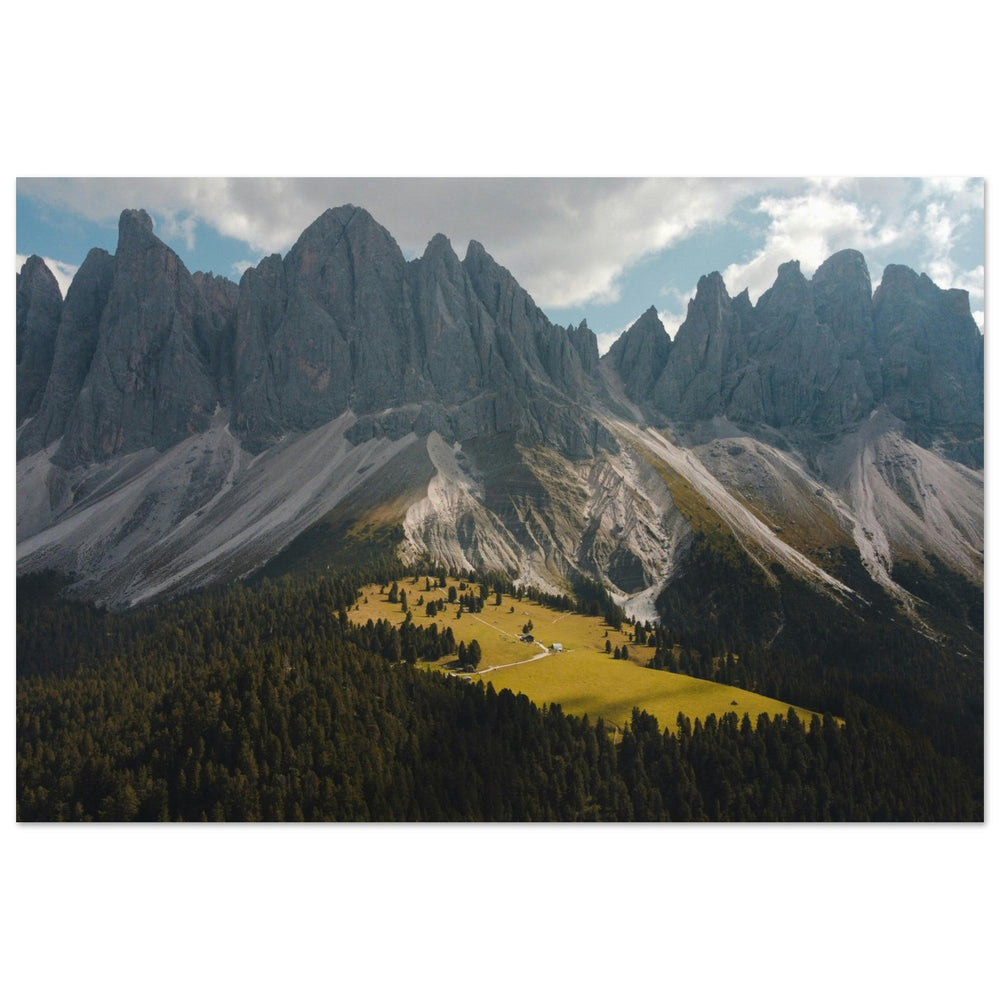 Tableau photo panoramique du Val di Funes et des Odle dans les Dolomites pour décoration murale chaleureuse