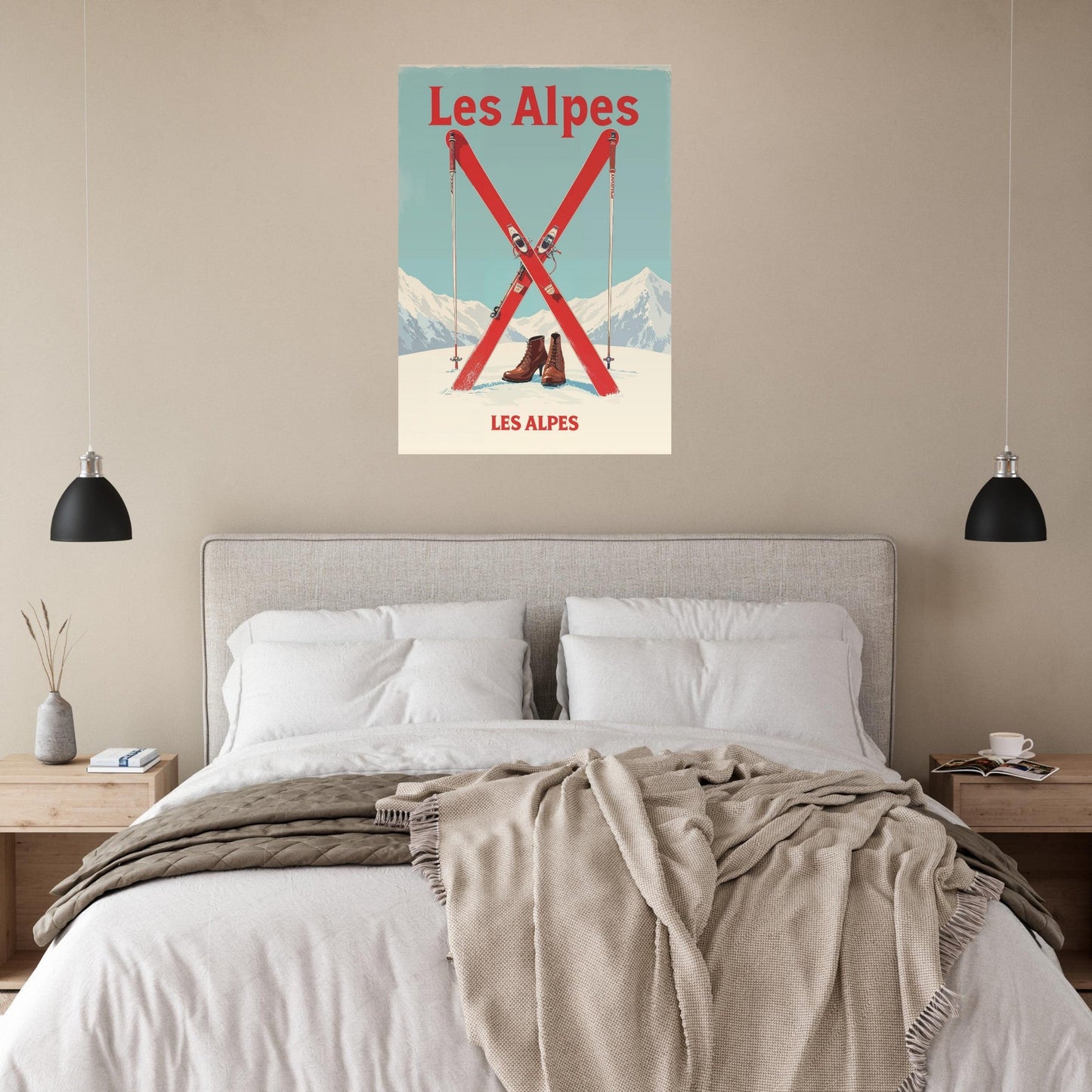 Tableau photo Affiche Vintage "Les Alpes" – Skis Rouges et Montagnes — tirage aluminium Dibond mat, fabrication française, prêt à accrocher