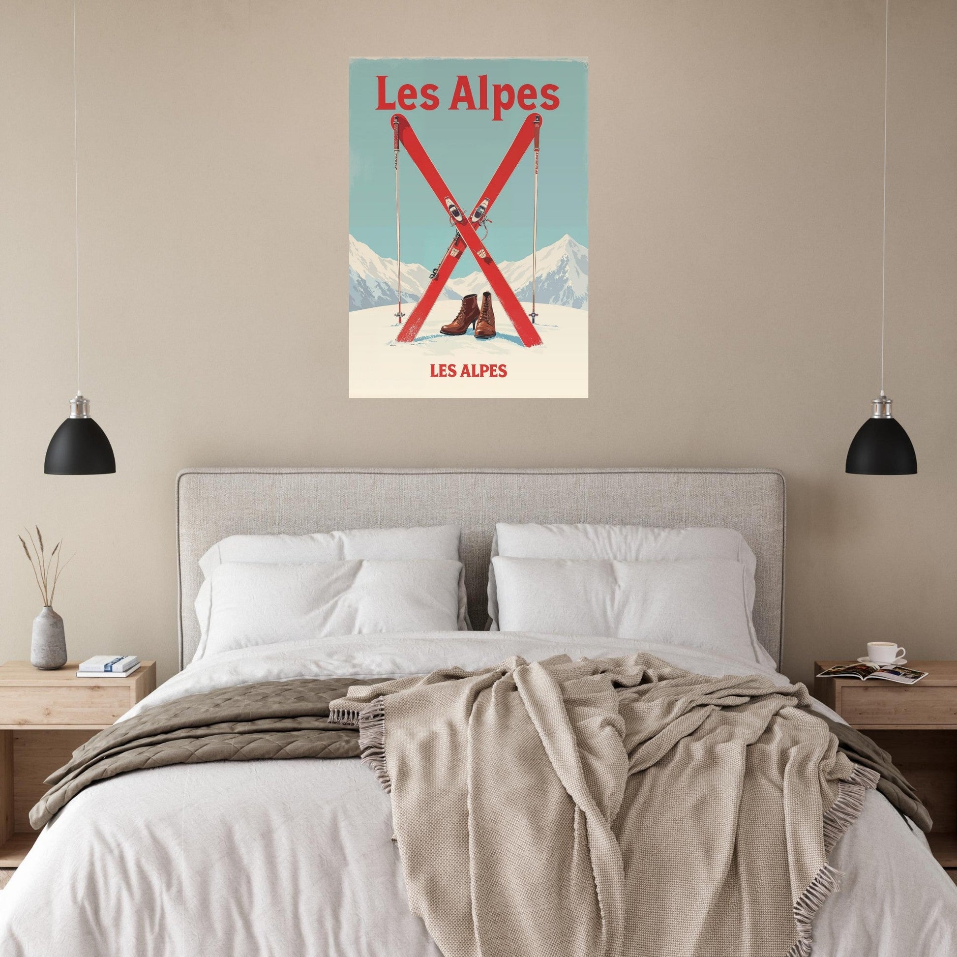 Tableau photo Affiche Vintage "Les Alpes" – Skis Rouges et Montagnes — tirage aluminium Dibond mat, fabrication française, prêt à accrocher
