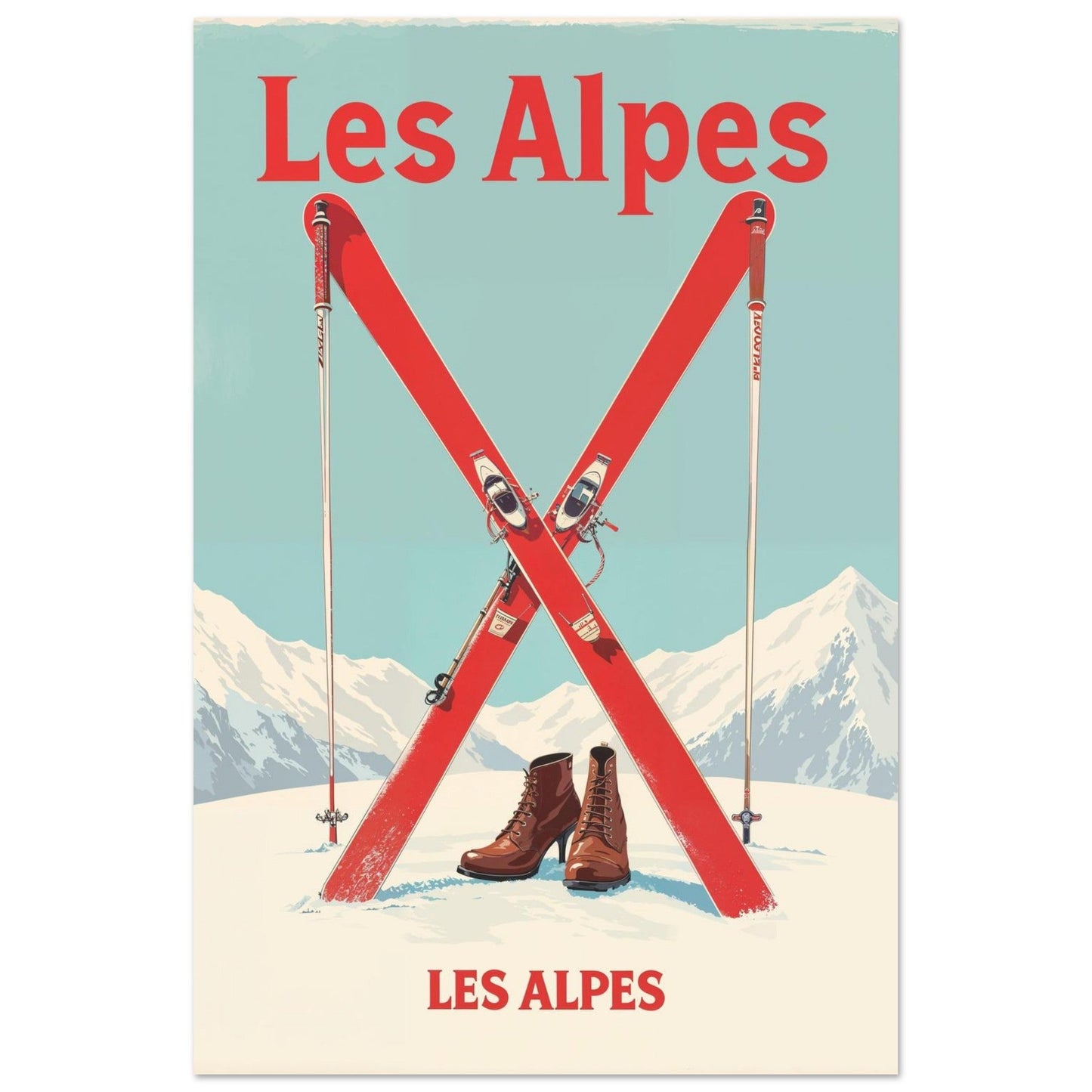 Tableau photo Affiche Vintage "Les Alpes" – Skis Rouges et Montagnes — tirage aluminium Dibond mat, fabrication française, prêt à accrocher