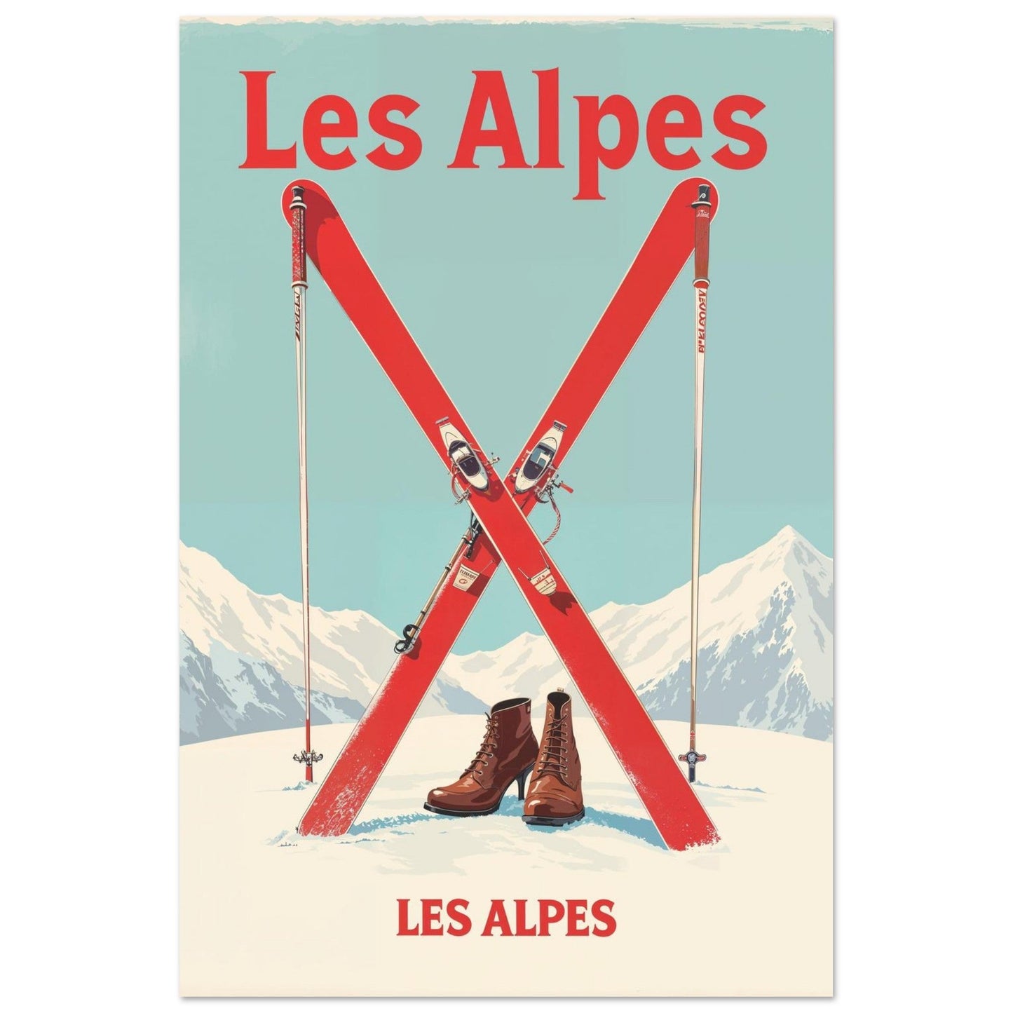Tableau photo Affiche Vintage "Les Alpes" – Skis Rouges et Montagnes — tirage aluminium Dibond mat, fabrication française, prêt à accrocher