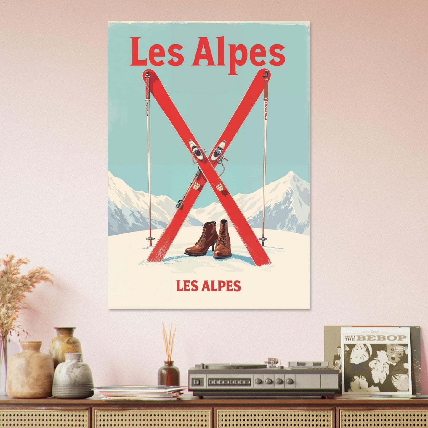 Tableau photo Affiche Vintage "Les Alpes" – Skis Rouges et Montagnes — tirage aluminium Dibond mat, fabrication française, prêt à accrocher