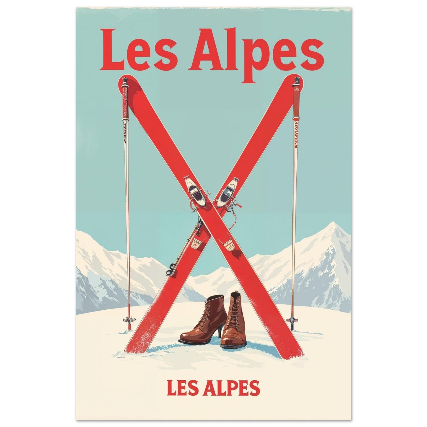 Tableau photo Affiche Vintage "Les Alpes" – Skis Rouges et Montagnes — tirage aluminium Dibond mat, fabrication française, prêt à accrocher