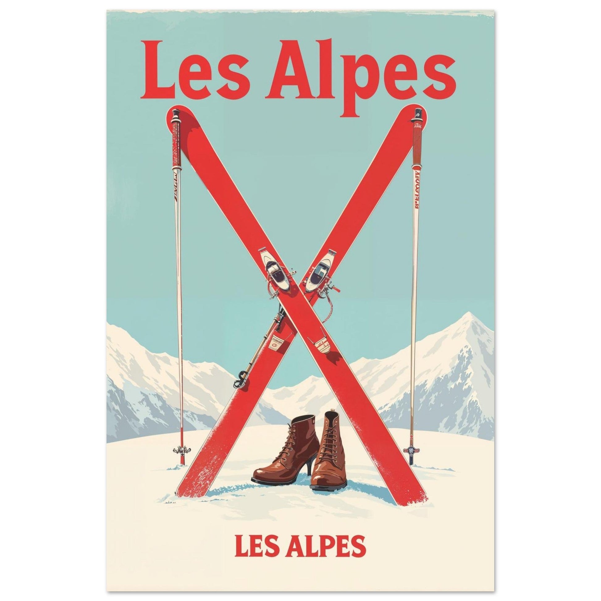 Tableau photo Affiche Vintage "Les Alpes" – Skis Rouges et Montagnes — tirage aluminium Dibond mat, fabrication française, prêt à accrocher