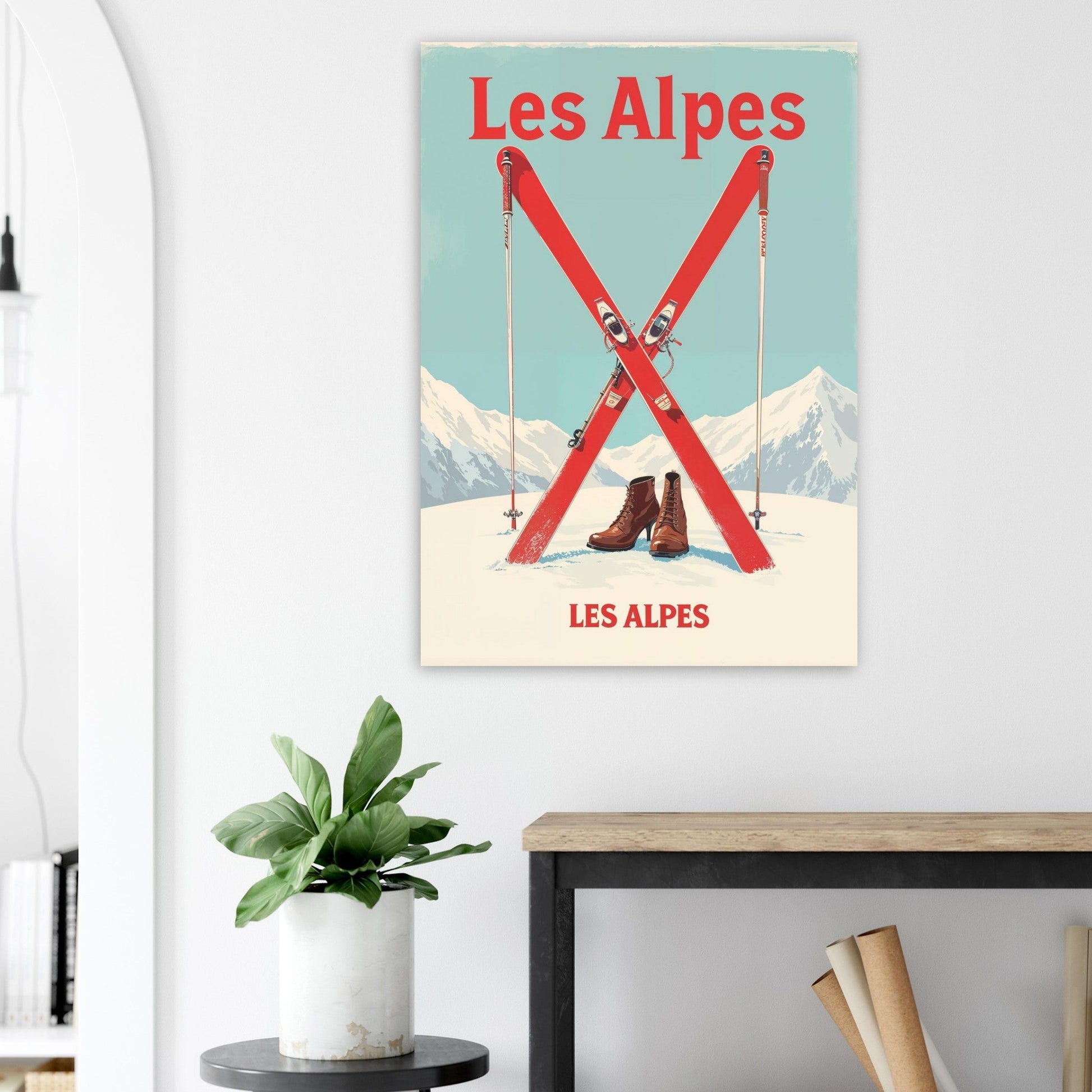 Tableau photo Affiche Vintage "Les Alpes" – Skis Rouges et Montagnes — tirage aluminium Dibond mat, fabrication française, prêt à accrocher