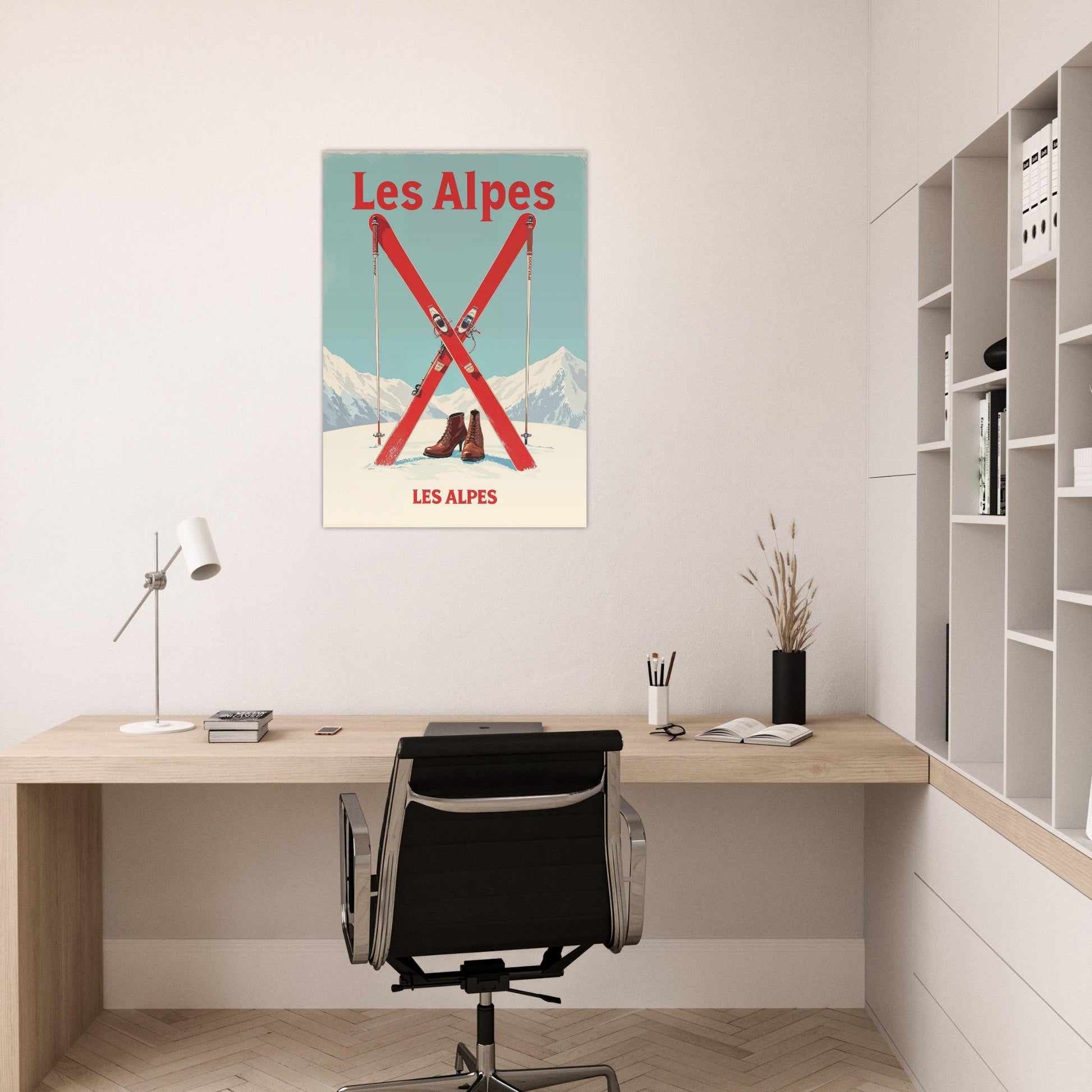 Tableau photo Affiche Vintage "Les Alpes" – Skis Rouges et Montagnes — tirage aluminium Dibond mat, fabrication française, prêt à accrocher