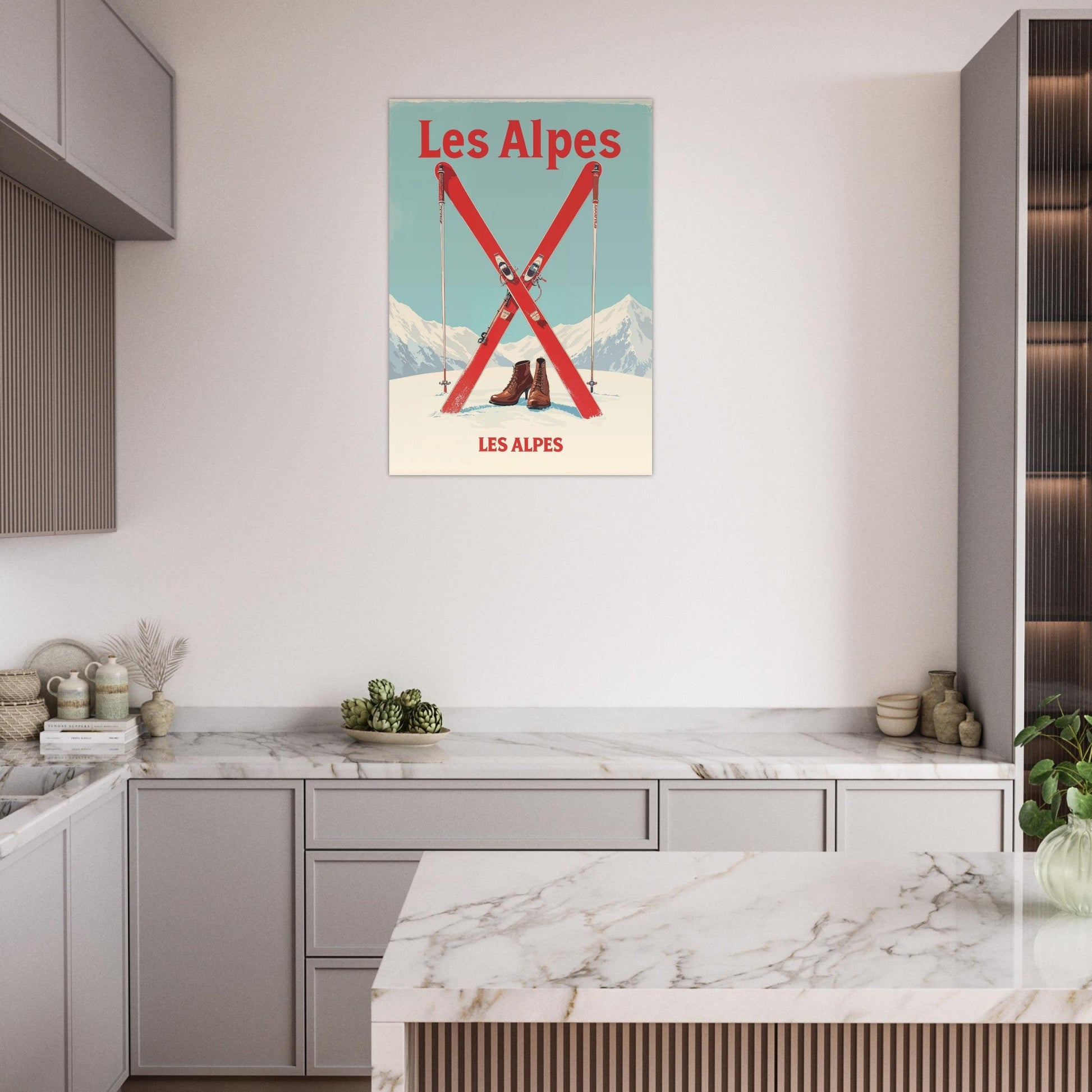 Tableau photo Affiche Vintage "Les Alpes" – Skis Rouges et Montagnes — tirage aluminium Dibond mat, fabrication française, prêt à accrocher