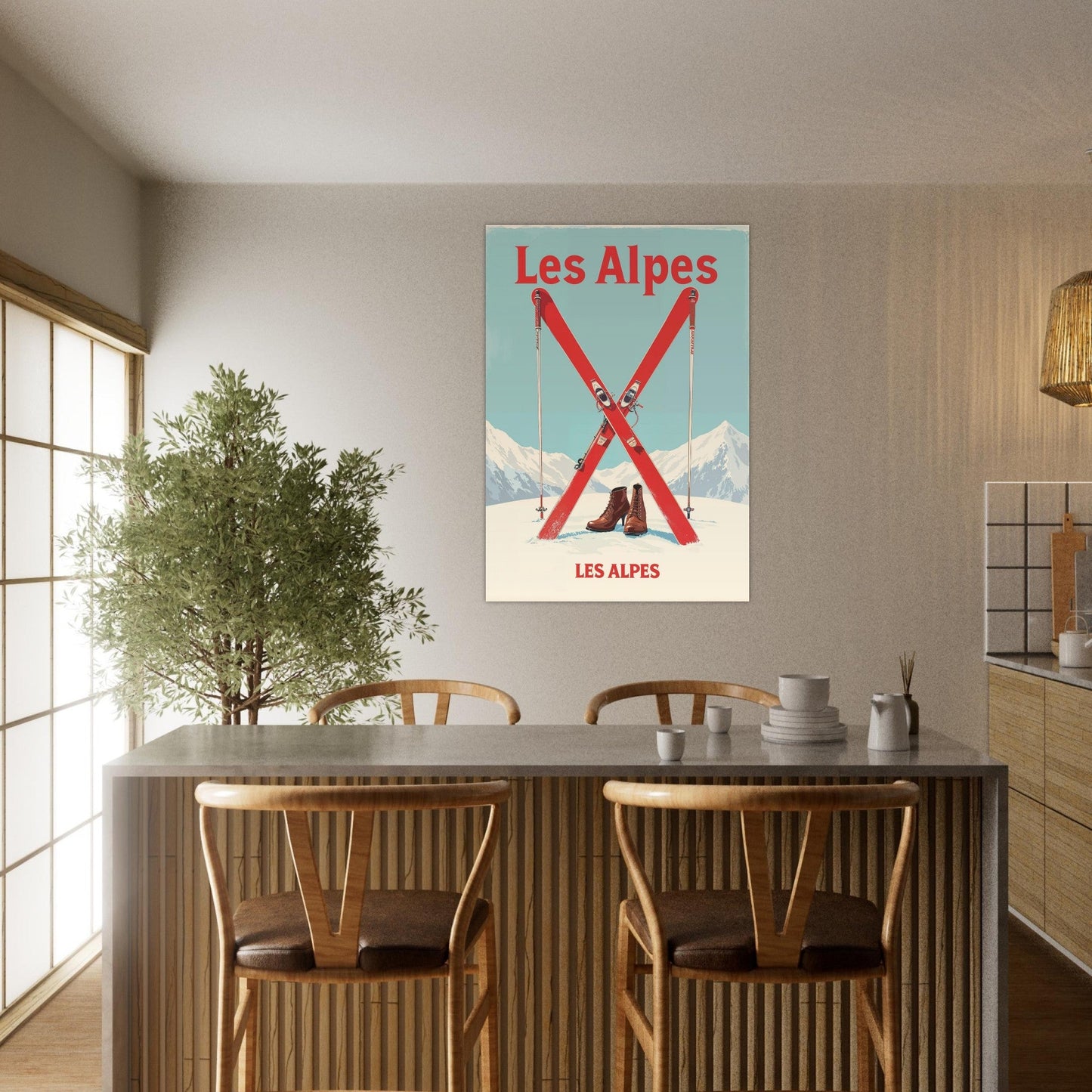 Tableau photo Affiche Vintage "Les Alpes" – Skis Rouges et Montagnes — tirage aluminium Dibond mat, fabrication française, prêt à accrocher