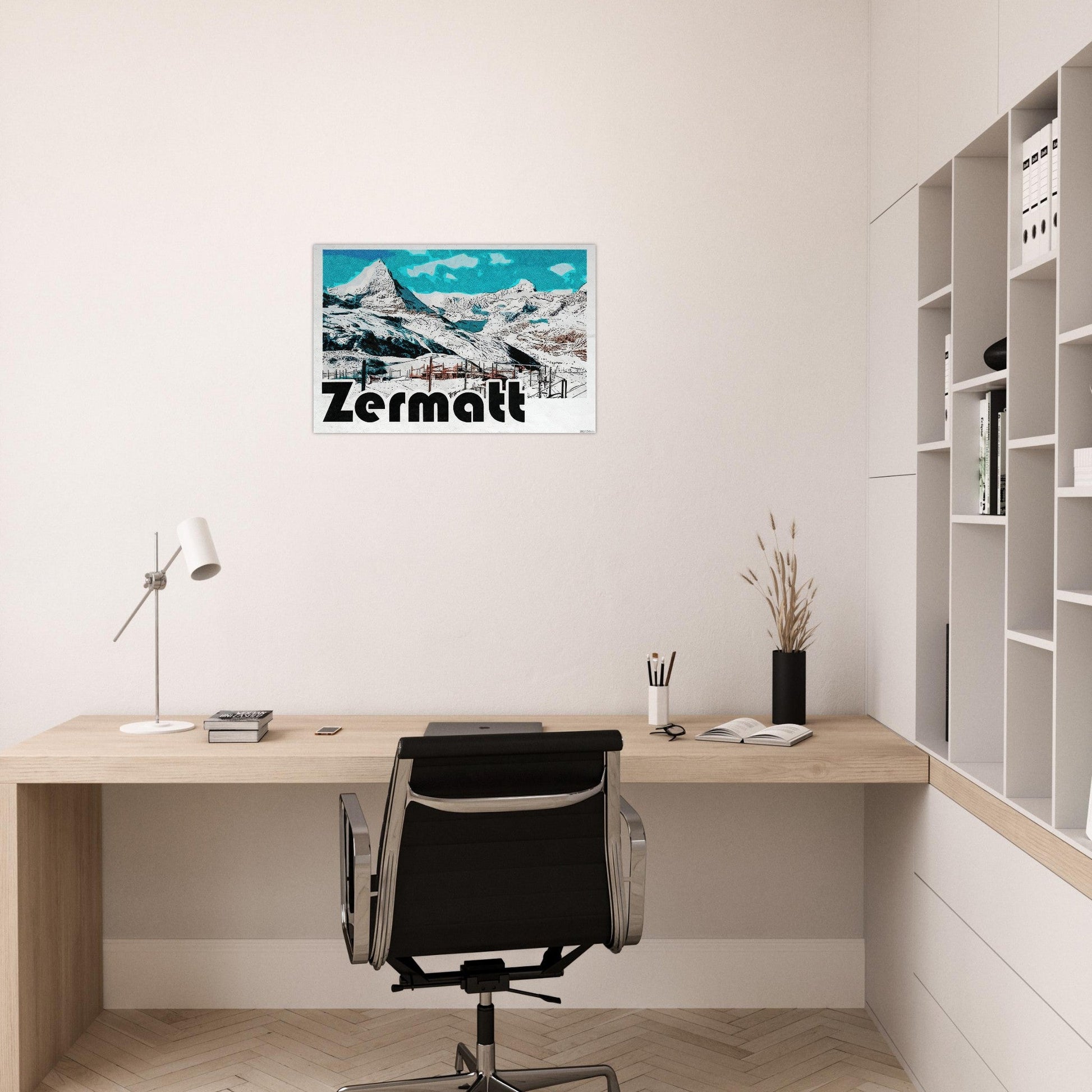 Tableau photo Affiche Vintage "Zermatt" – Le Cervin en Hiver — tirage aluminium Dibond mat, fabrication française, prêt à accrocher
