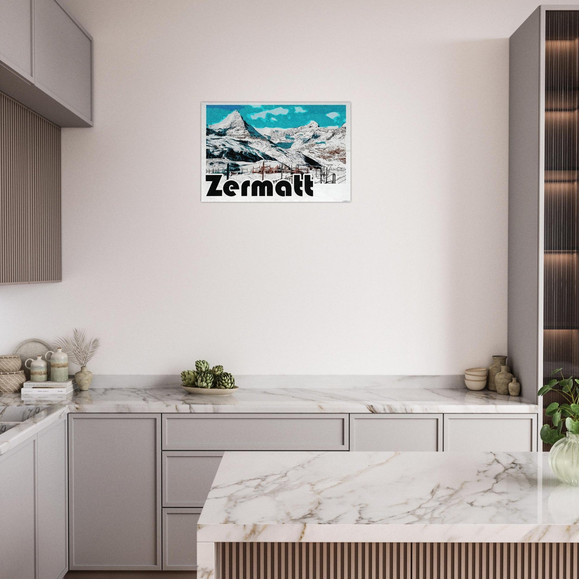 Tableau photo Affiche Vintage "Zermatt" – Le Cervin en Hiver — tirage aluminium Dibond mat, fabrication française, prêt à accrocher