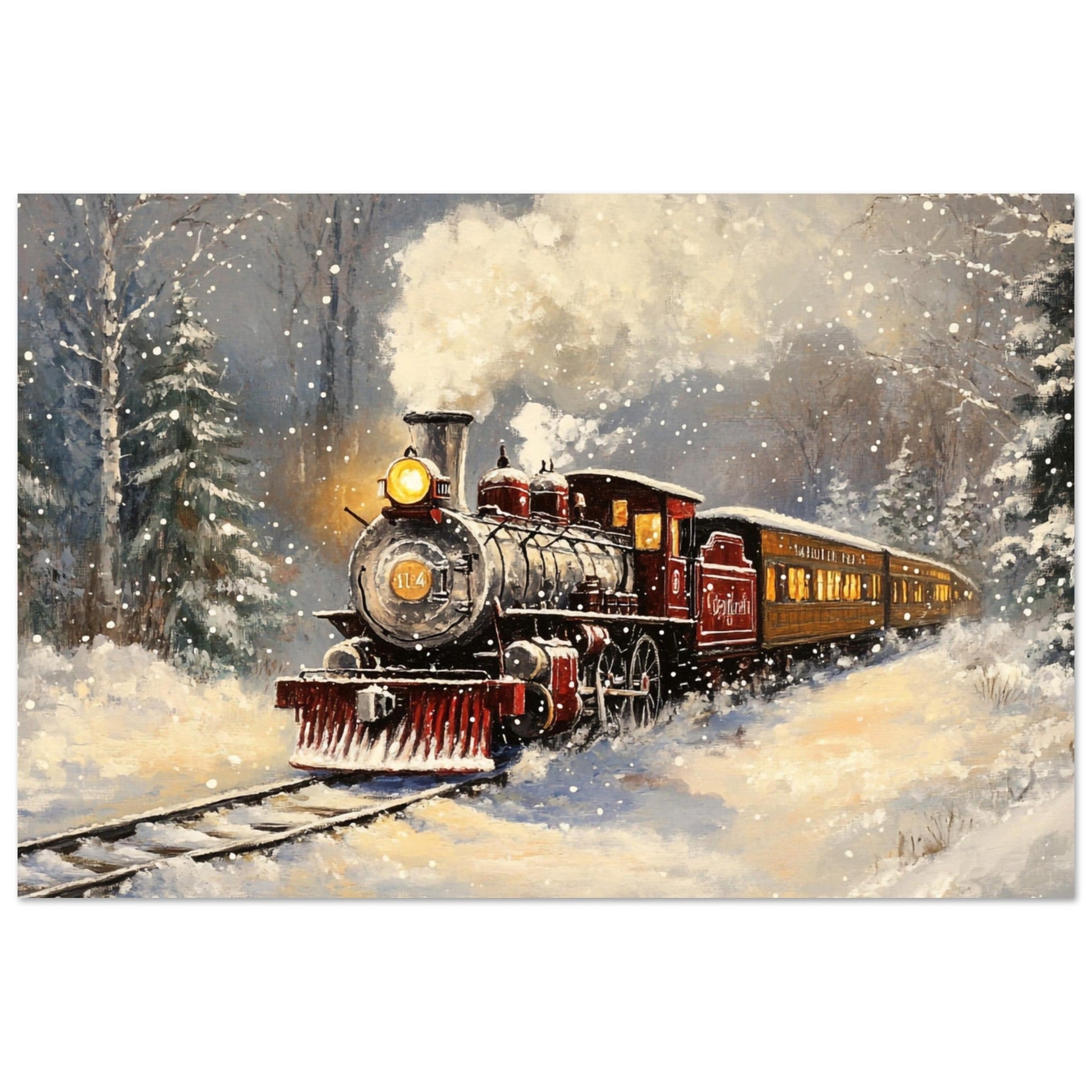 Vente Illustration d'un train rouge à vapeur dans paysage en neige - Tableau alu paysage IA