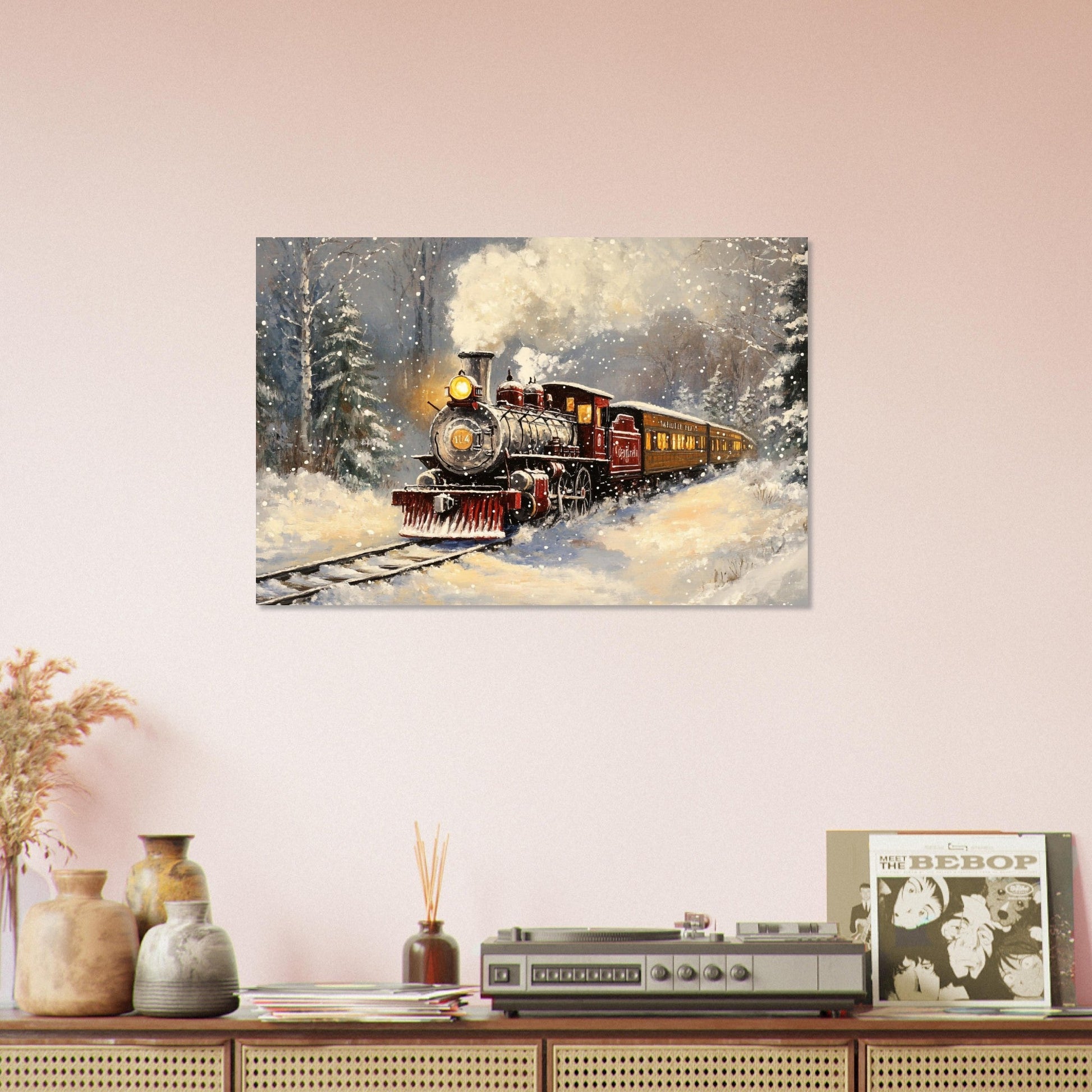 Vente Illustration d'un train rouge à vapeur dans paysage en neige - Tableau alu paysage IA