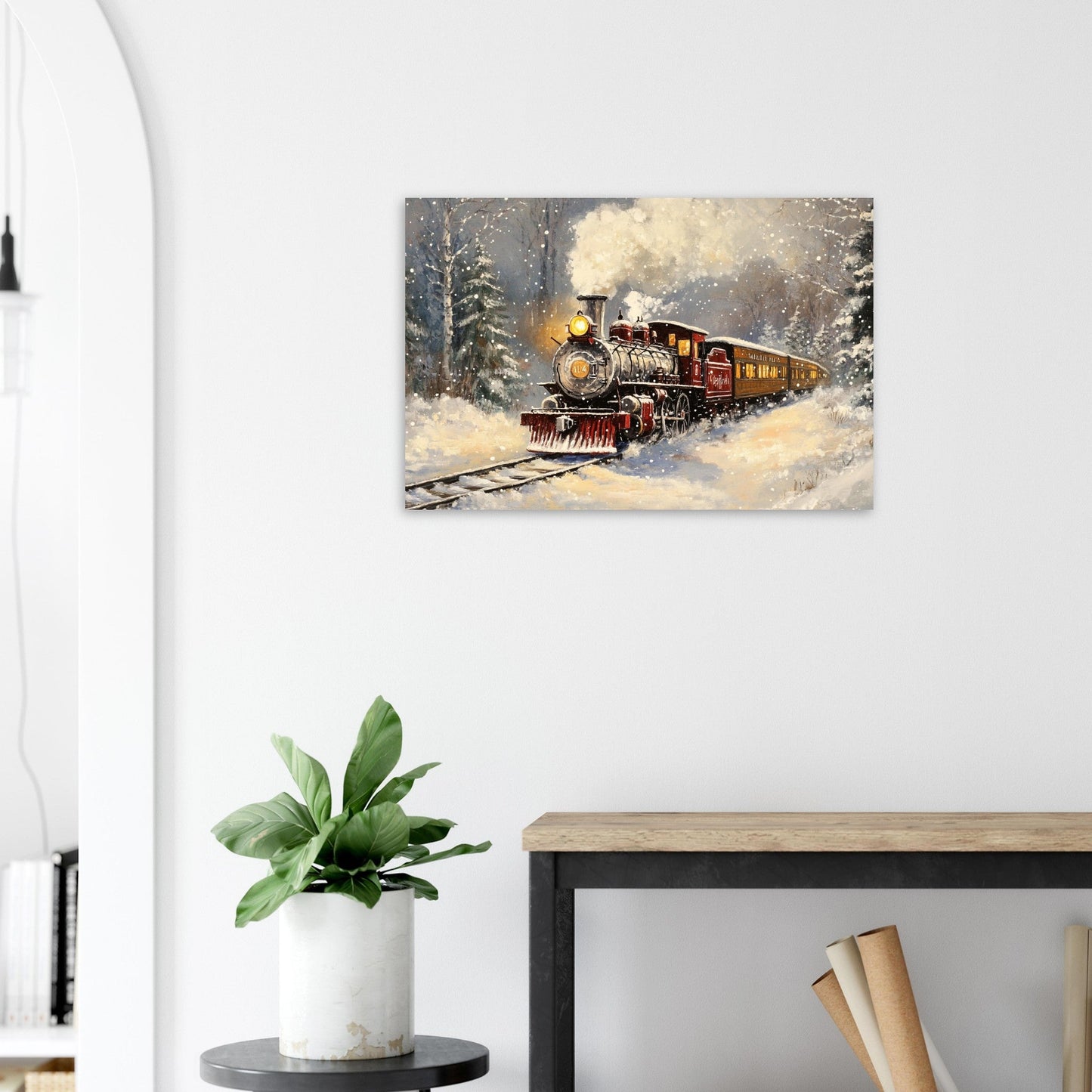 Vente Illustration d'un train rouge à vapeur dans paysage en neige - Tableau alu paysage IA