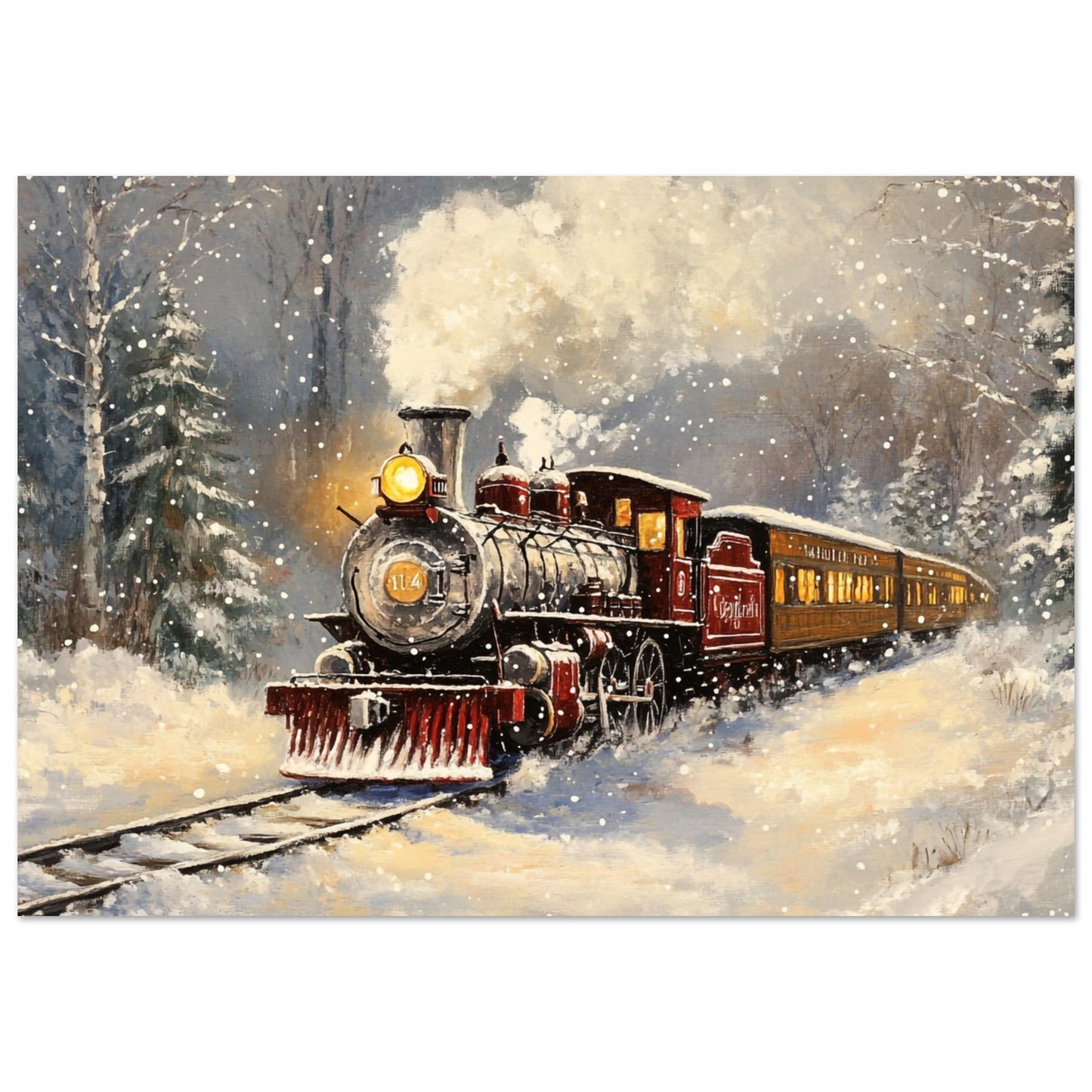 Vente Illustration d'un train rouge à vapeur dans paysage en neige - Tableau alu paysage IA