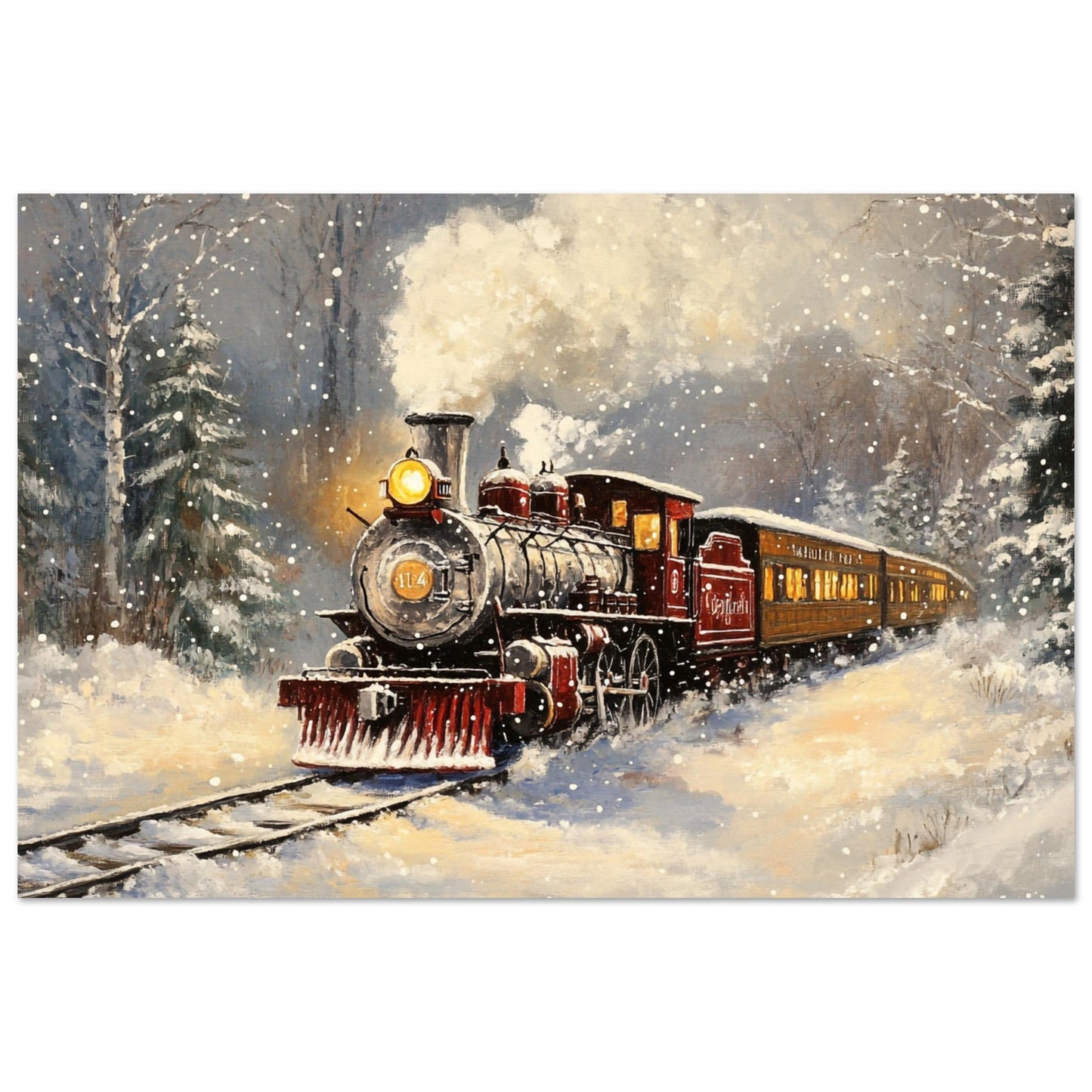 Vente Illustration d'un train rouge à vapeur dans paysage en neige - Tableau alu paysage IA