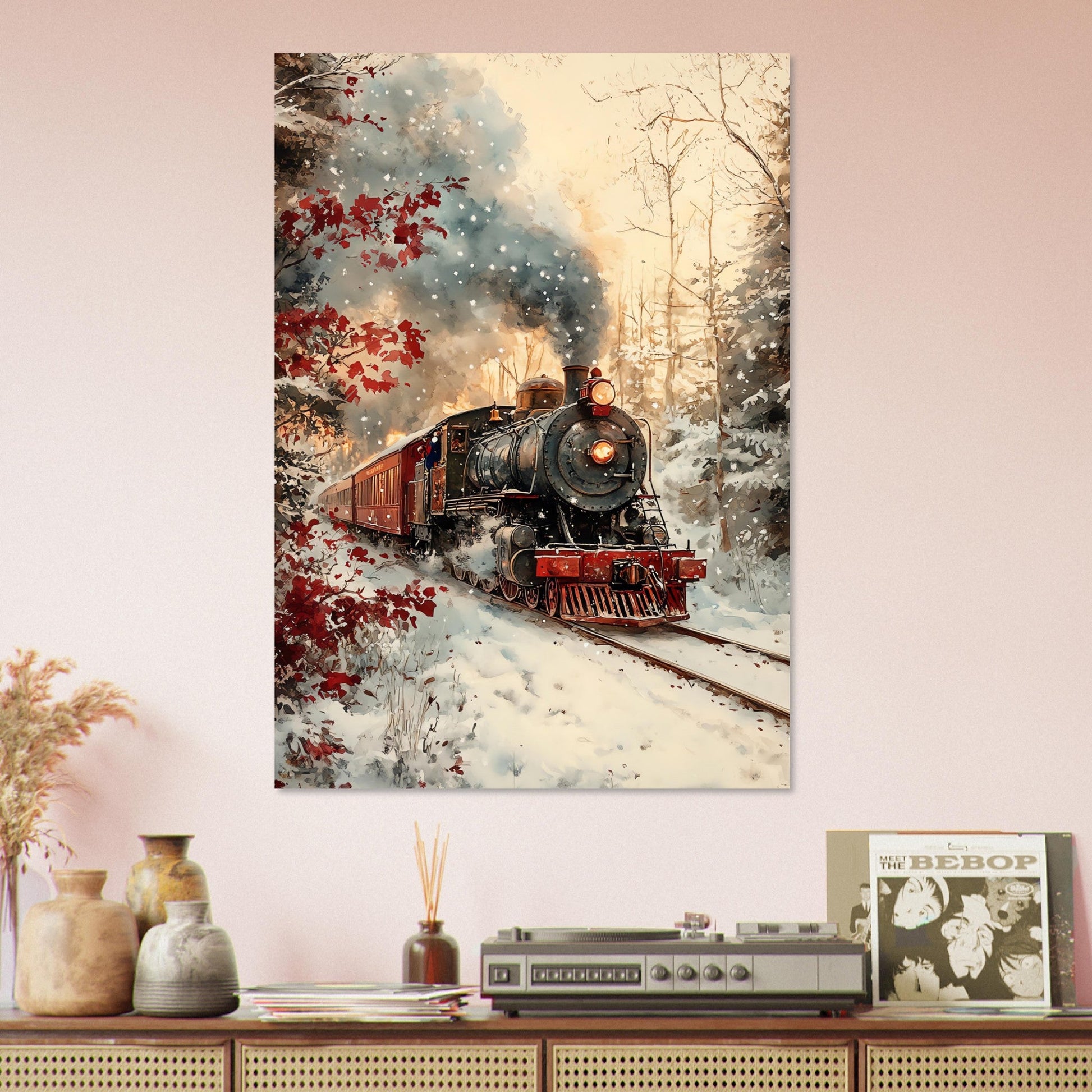 Vente Illistration d'un train rouge dans paysage en neige - Tableau alu paysage IA