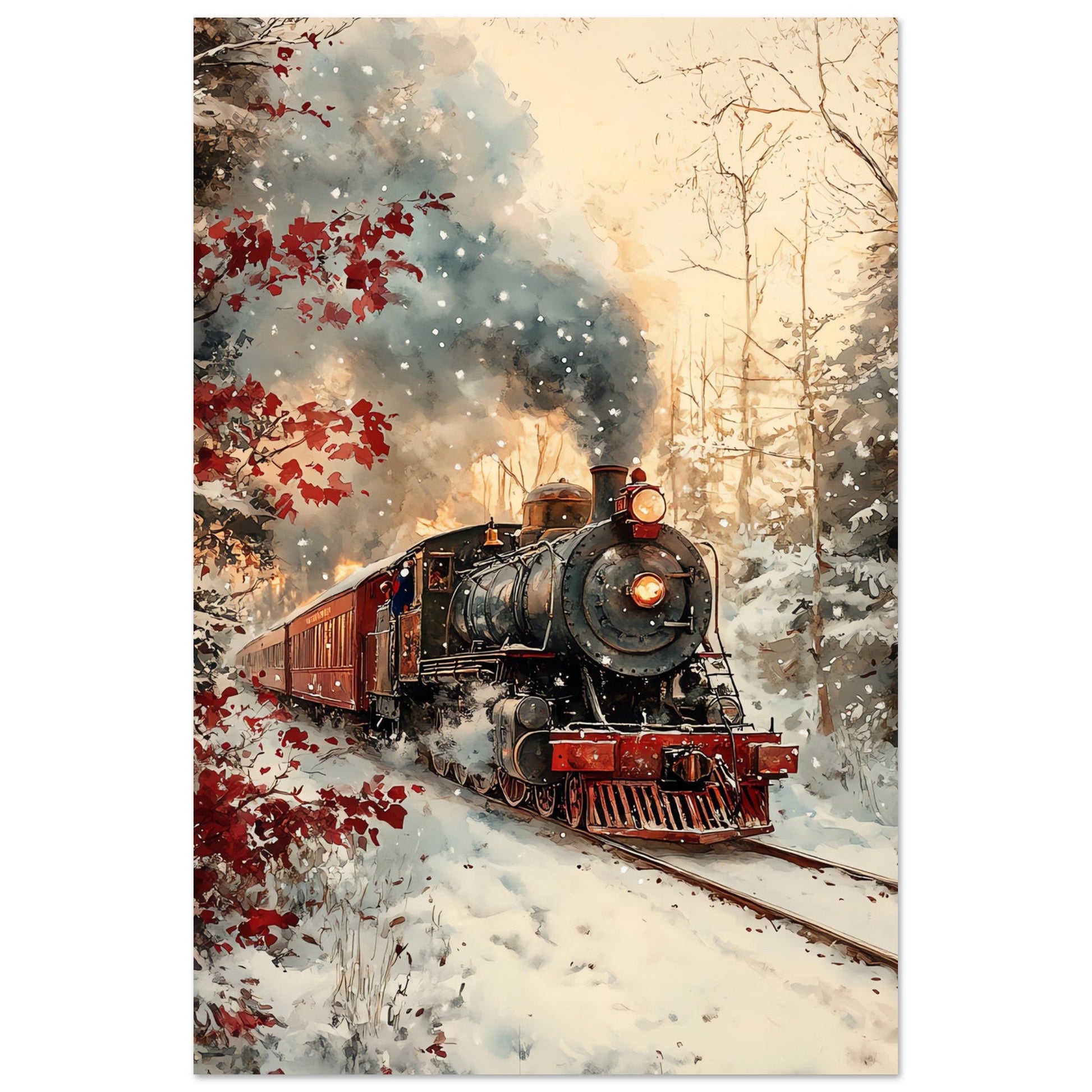 Vente Illistration d'un train rouge dans paysage en neige - Tableau alu paysage IA