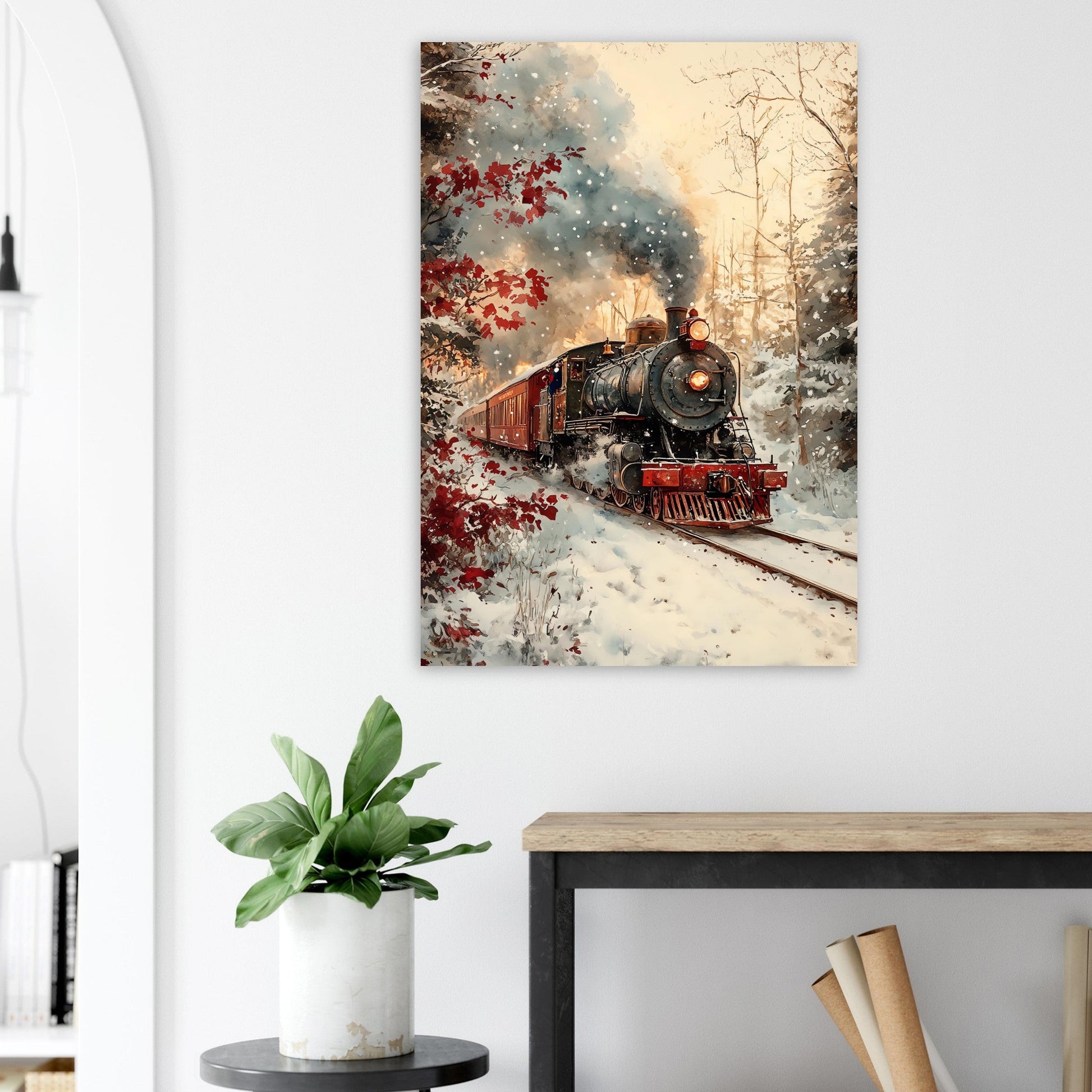 Vente Illistration d'un train rouge dans paysage en neige - Tableau alu paysage IA