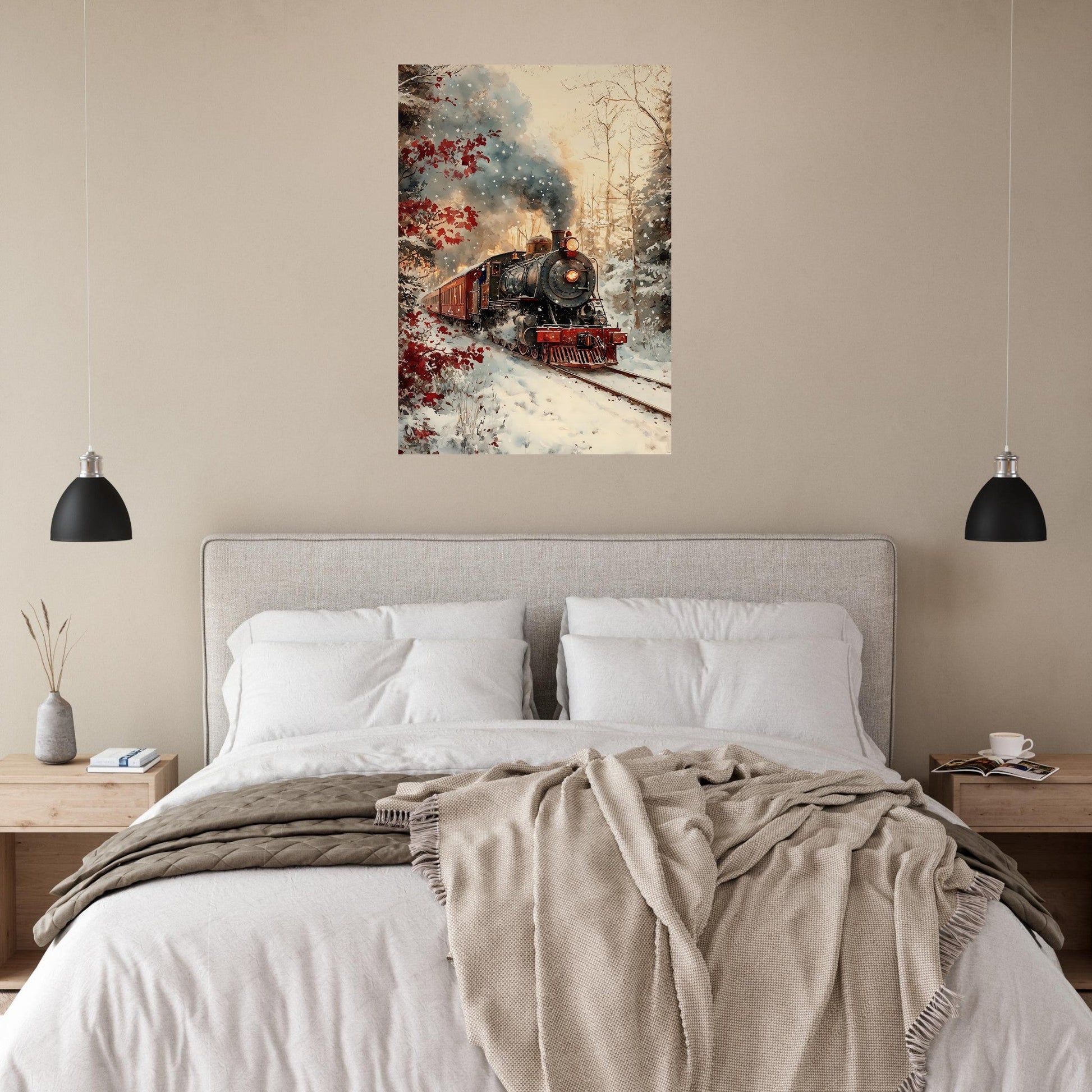 Vente Illistration d'un train rouge dans paysage en neige - Tableau alu paysage IA