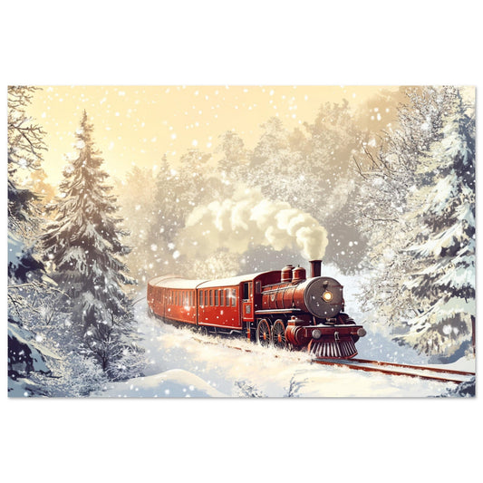 Vente Illustration d'un train à vapeur rouge dans paysage en neige - Tableau alu paysage IA