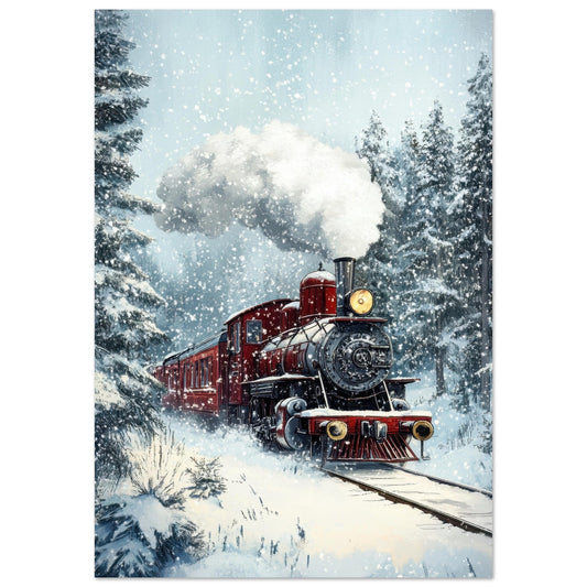 Vente Illustration d'un train rouge à vapeur dans paysage en neige - Tableau alu paysage IA