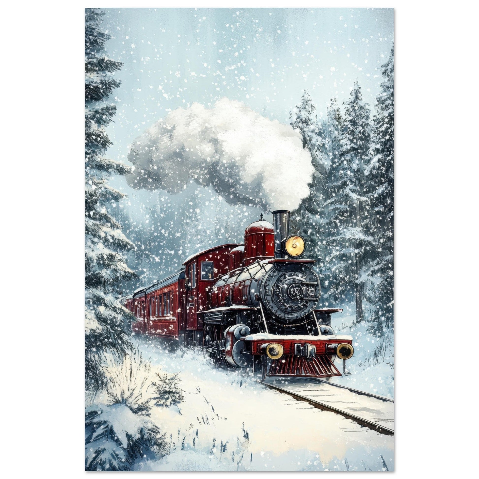 Tableau photo Train rouge à vapeur dans la neige — image IA — tirage aluminium Dibond mat, fabrication française, prêt à accrocher