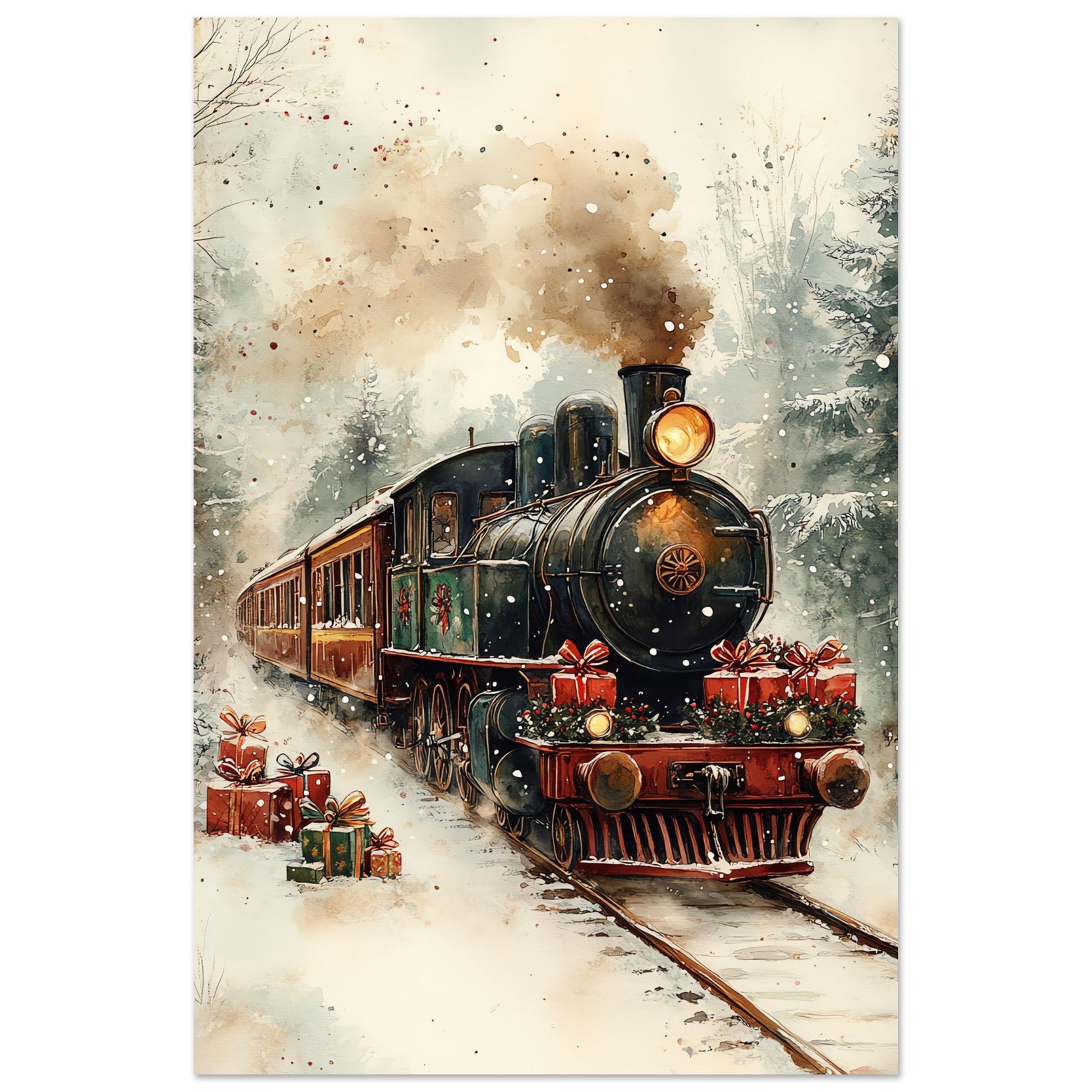 Tableau photo Train de Noël à vapeur dans la neige — image IA — tirage aluminium Dibond mat, fabrication française, prêt à accrocher